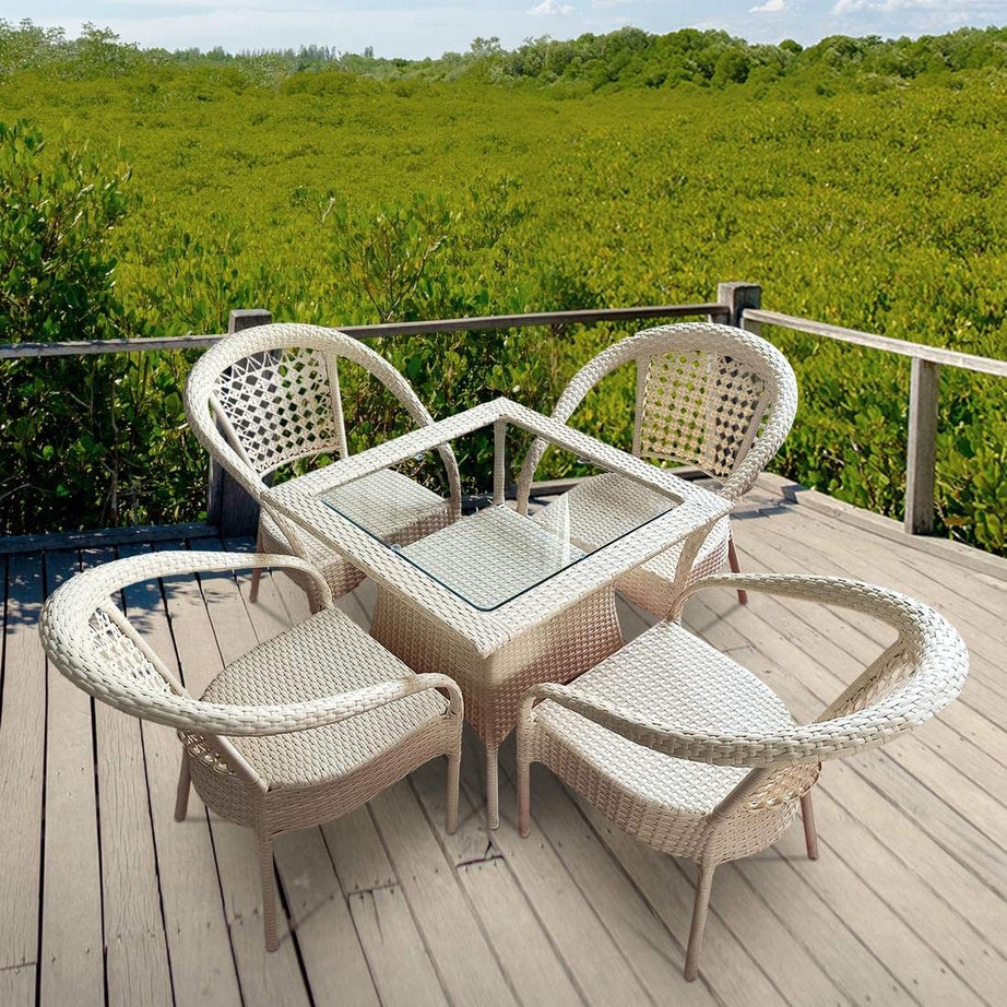 Glass,Rattan Ratan Indai Patio Seating 4 Chair And 1 Table Set With Glass Wicker Furniture Set For Balcony Outdoor Patio Indoor Living Room, Powder Coated Frame Uv Protected Wicker (Skin)