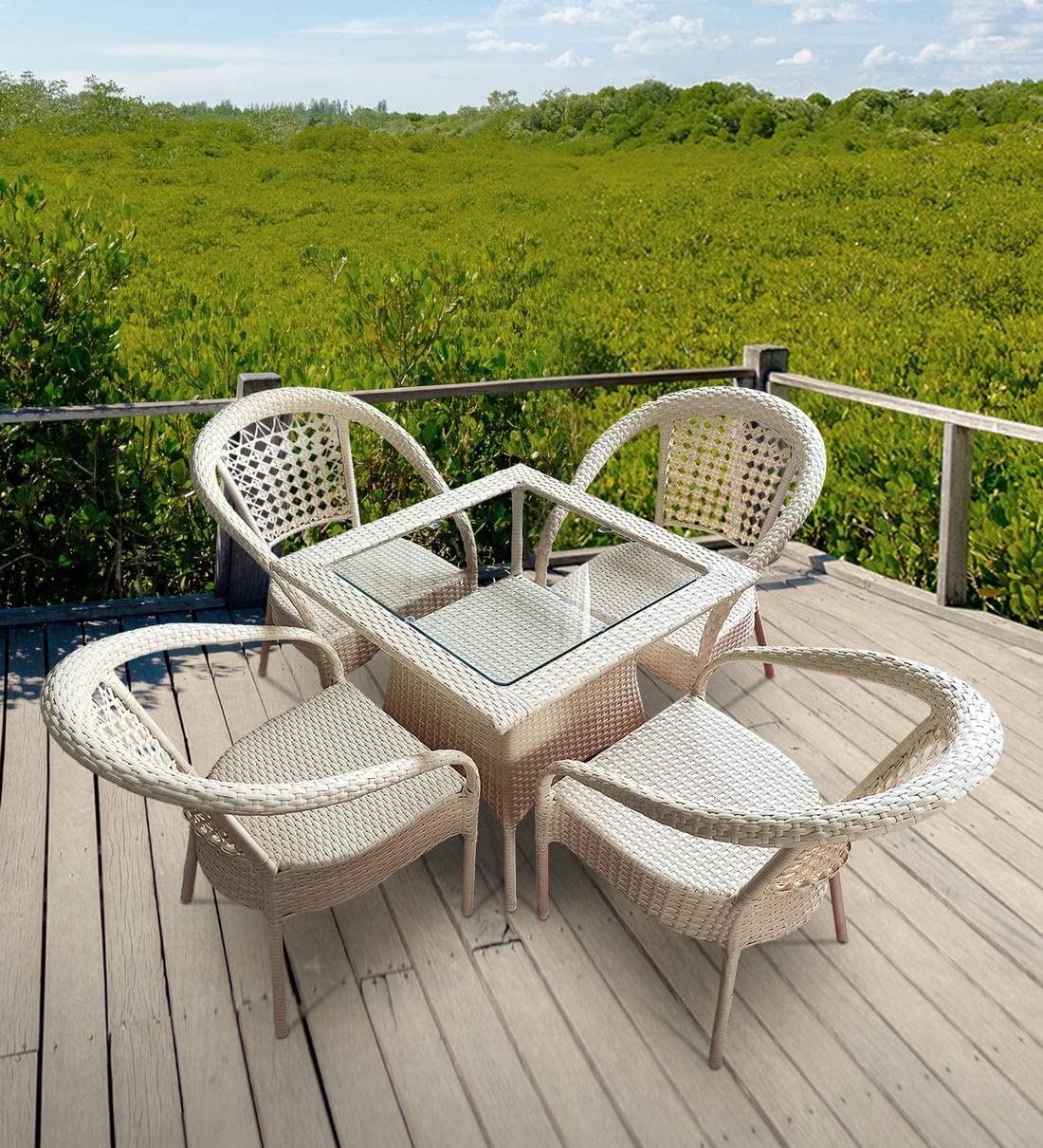 Glass,Rattan Ratan Indai Patio Seating 4 Chair And 1 Table Set With Glass Wicker Furniture Set For Balcony Outdoor Patio Indoor Living Room, Powder Coated Frame Uv Protected Wicker (Skin)