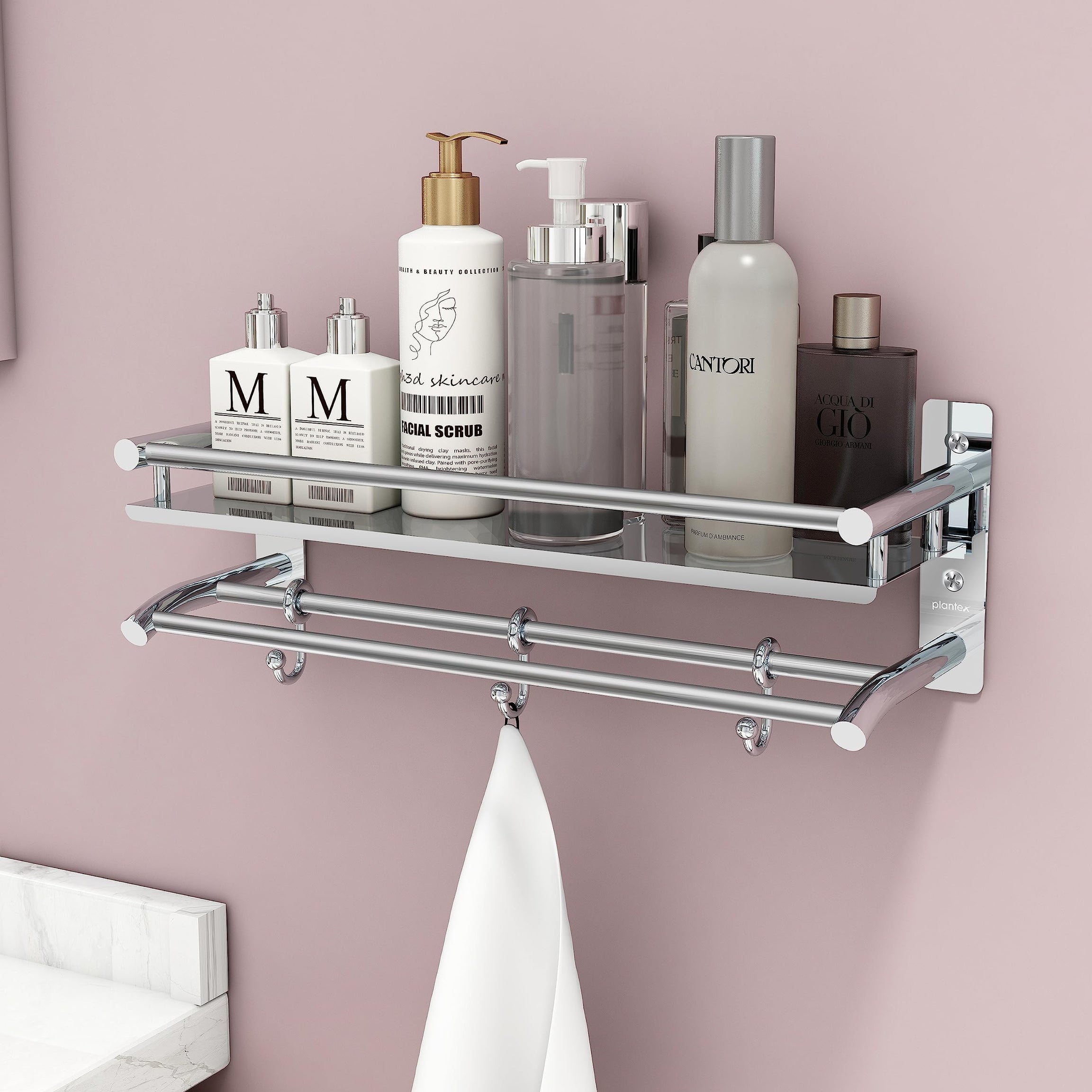 Plantex Rack for Bathroom Storage | Multipurpose Stainless Steel Bathroom Shelf - with Hooks & Towel Hanger/Rod | Bathroom Accessories Holder (2-Tier, Chrome)