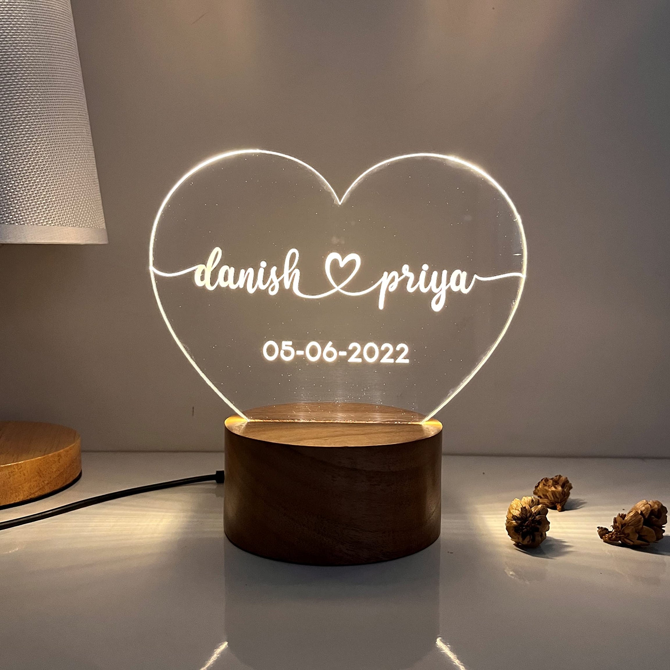 WOWOOD Anniversary Gift for Couple Wedding Gift Lamp Love Night Light (Heart Design, Wood, Warm White, Pack of 1) LED