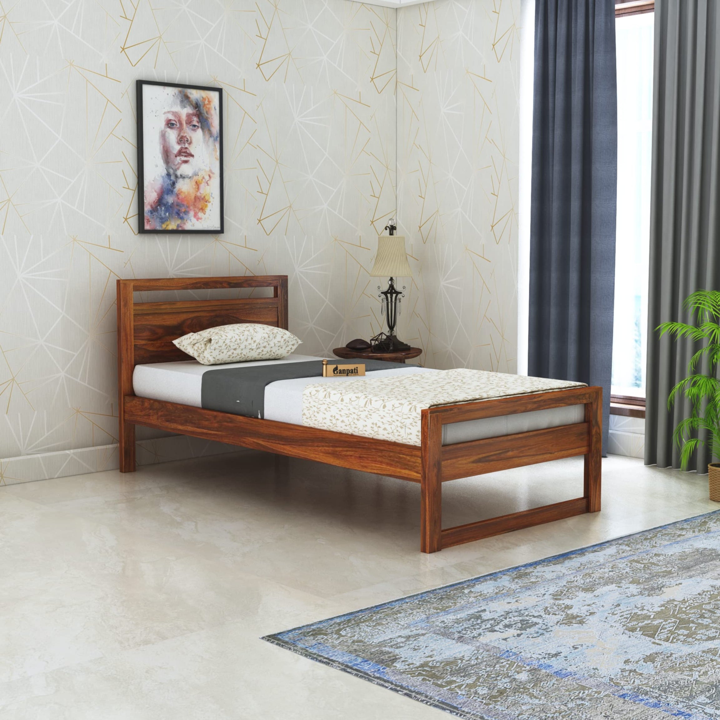 Ganpati Arts Sheesham Wood Single Size Bed Without Storage for Bedroom Living Room Home Wooden Palang for Hotel (Brown Finish)