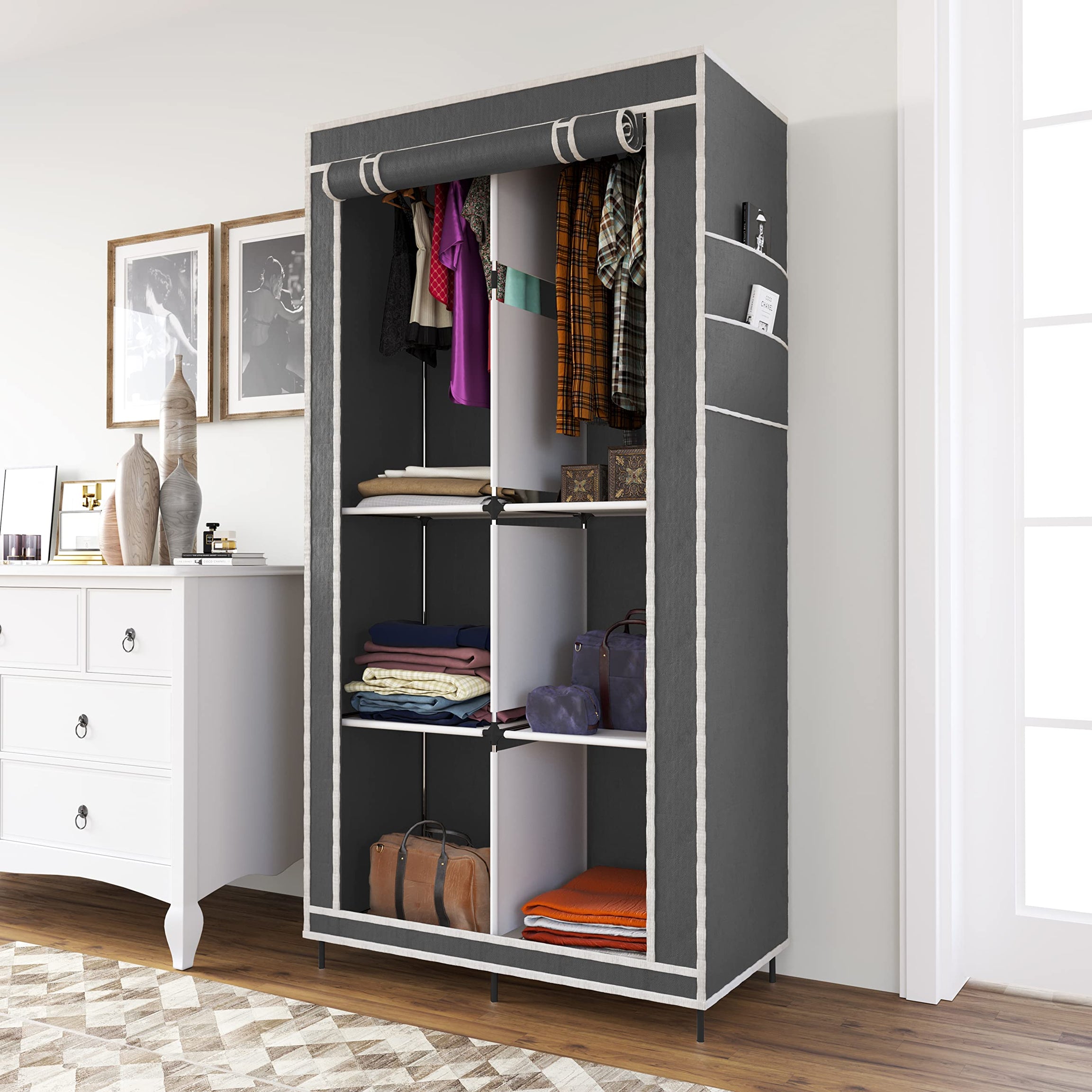 Whitecloud TRANSFORMING HOMES® 3+3 Layers Collapsible Wardrobe for Clothes with 6 Shelves, 2 Side Pocket and 2 Hanger (Non Woven Febric and Metal Rod, 84x42.5x166cm)(Grey,7800-3)