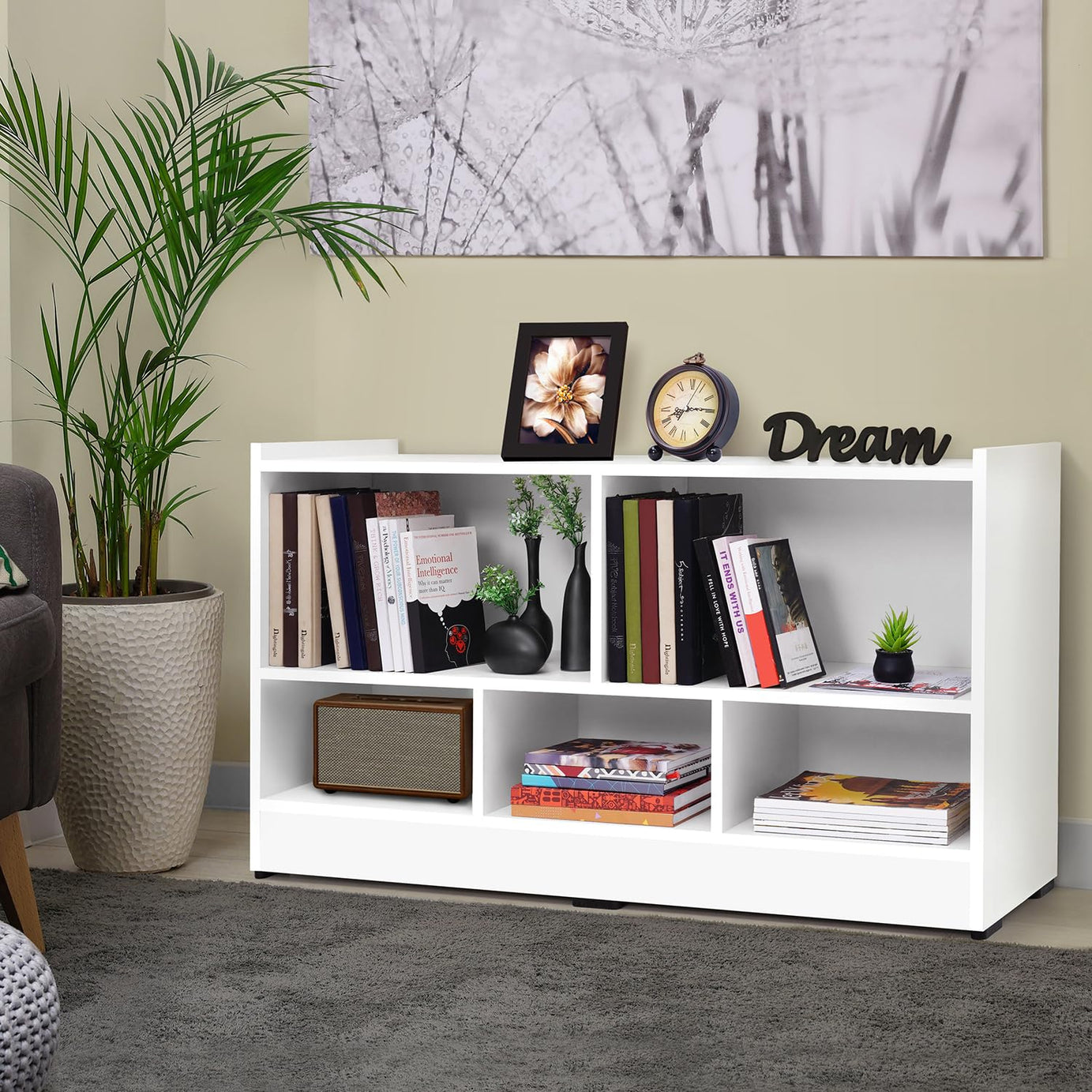 ABOUT SPACE Book Shelf - 5 Compartment Engineered Wood DIY Versatile Book Stand for Home Library, Office Modern Slim Open Display Rack for Bedroom, Living Room (White - L 110 x B 30.5 x H 62.5 cm)