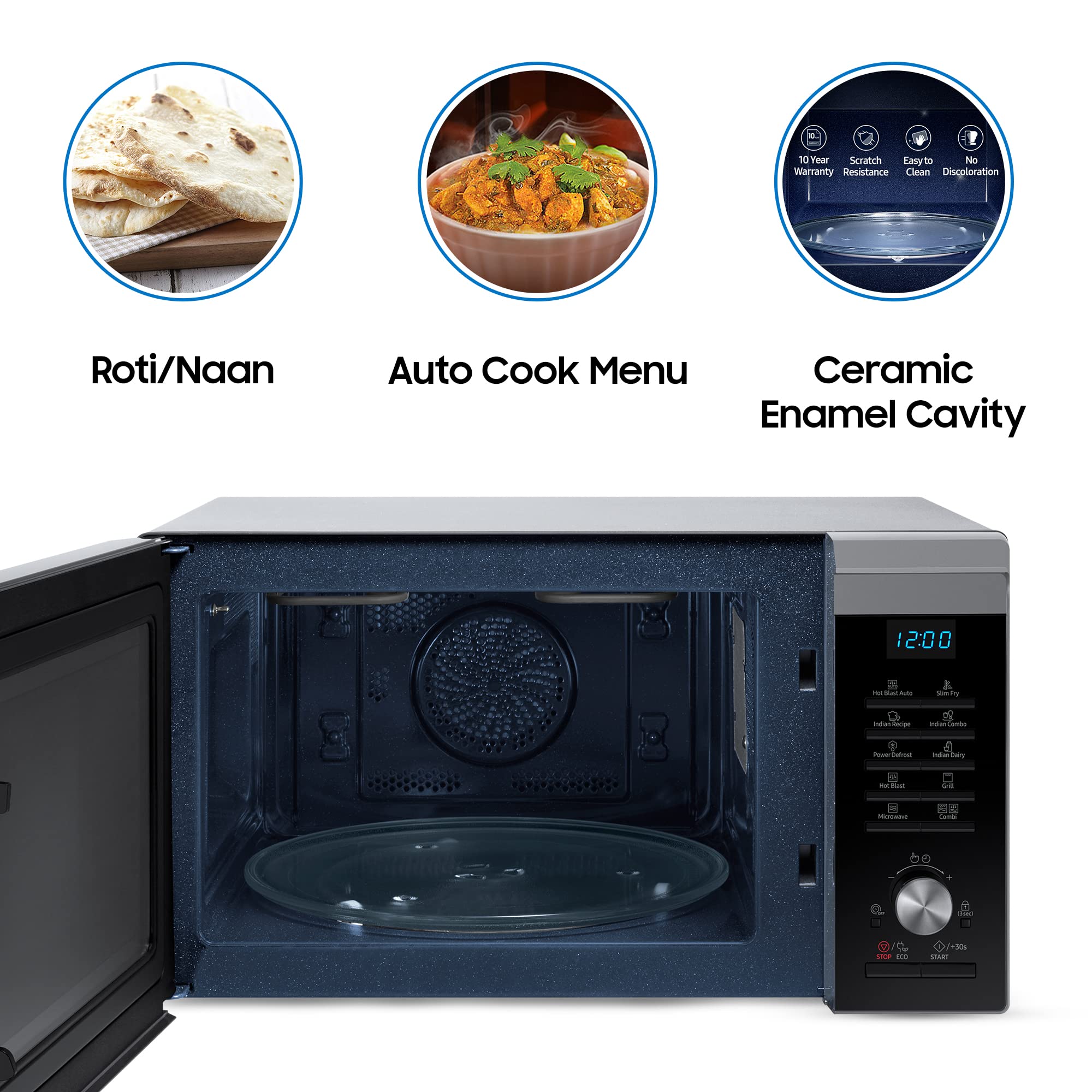 Samsung 28L, Hotblast, Slim Fry, Multi Spit , Convection Microwave Oven with Tandoor and Curd making (MC28A6035QS/TL, Sliver, 10 Yr warranty, Gift for Every Occasion)