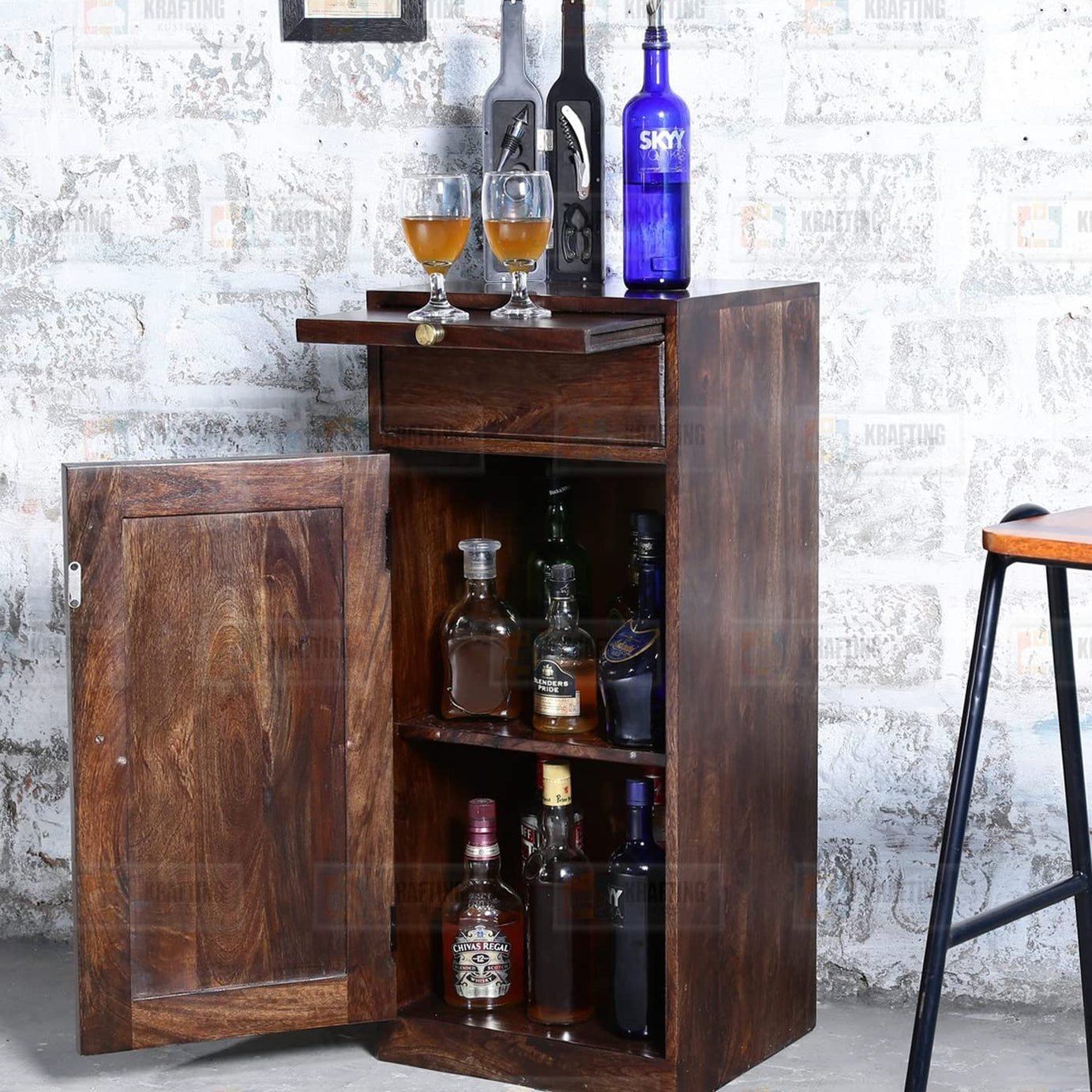 WOODENIO™Wooden Bar Cabinet || Home Bar Furniture || Wood Bar Cabinet,Drawer with Storage || Bar Units for Home || Bar Cabinet for Living Room || Wine Rack || Teak Brown