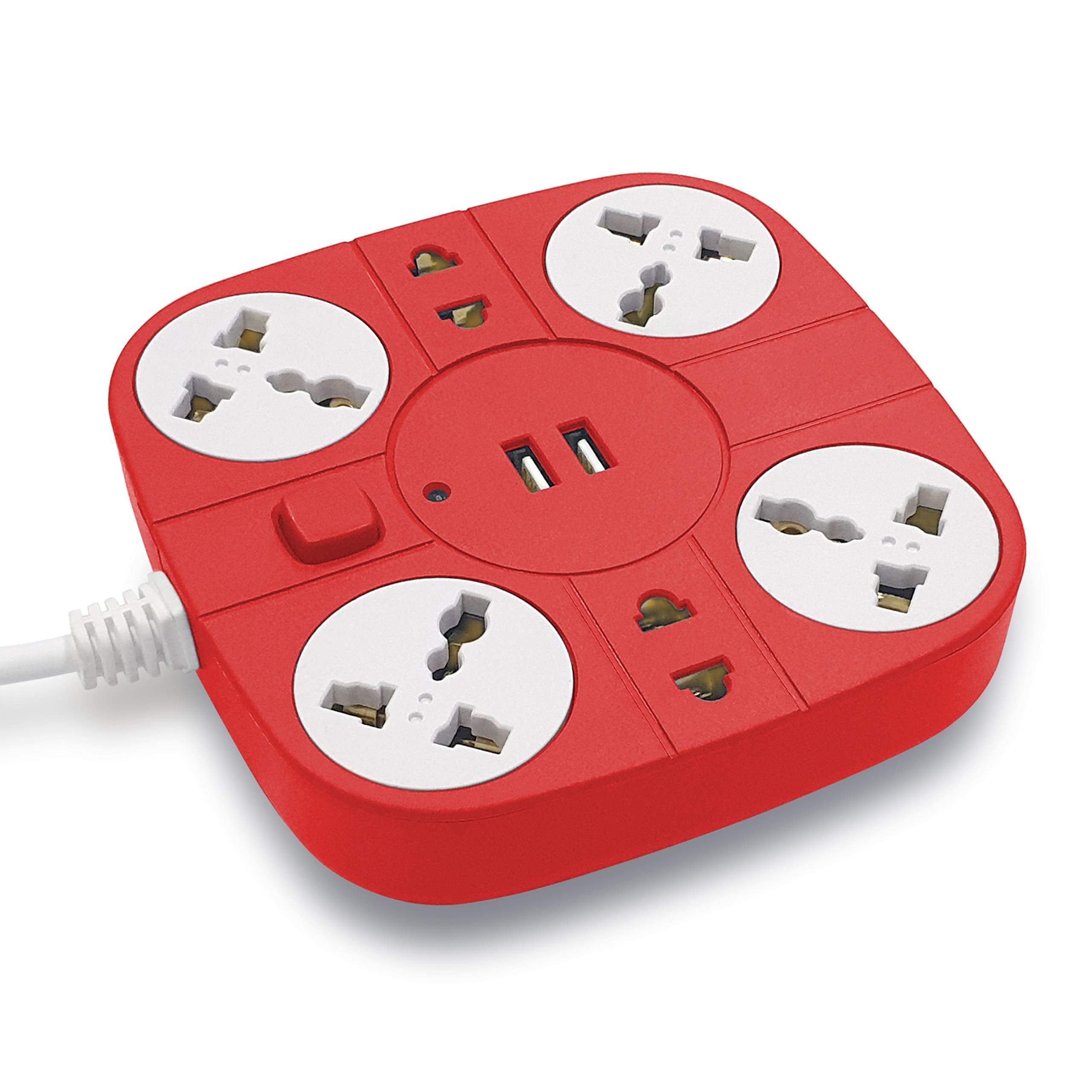 ADDMAX Extension Cord with USB Port-10A 220 Volts-50/60Hz [6 Outlet with 2 USB Port] [Fire Proof] [Smart USB Charging Port][Multi-Protection][1.8 Meter Cord] Multi Plug Extension Board with Cable-Red