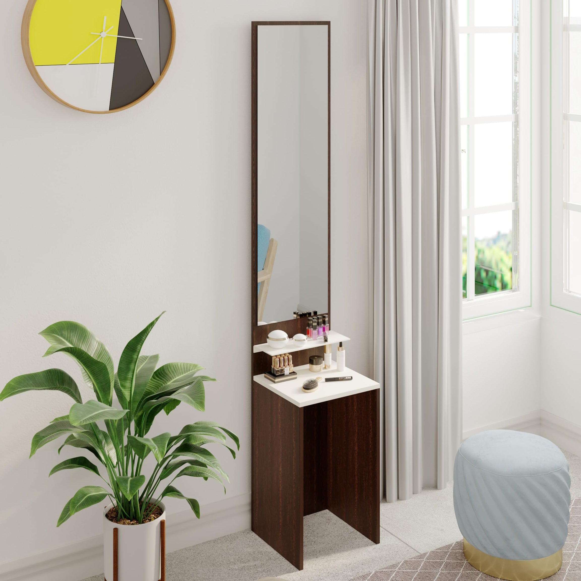 BLUEWUD Alesti Engineered Wood Slim Dressing Table Full Length Mirror with Utility Shelf (Wenge & White)