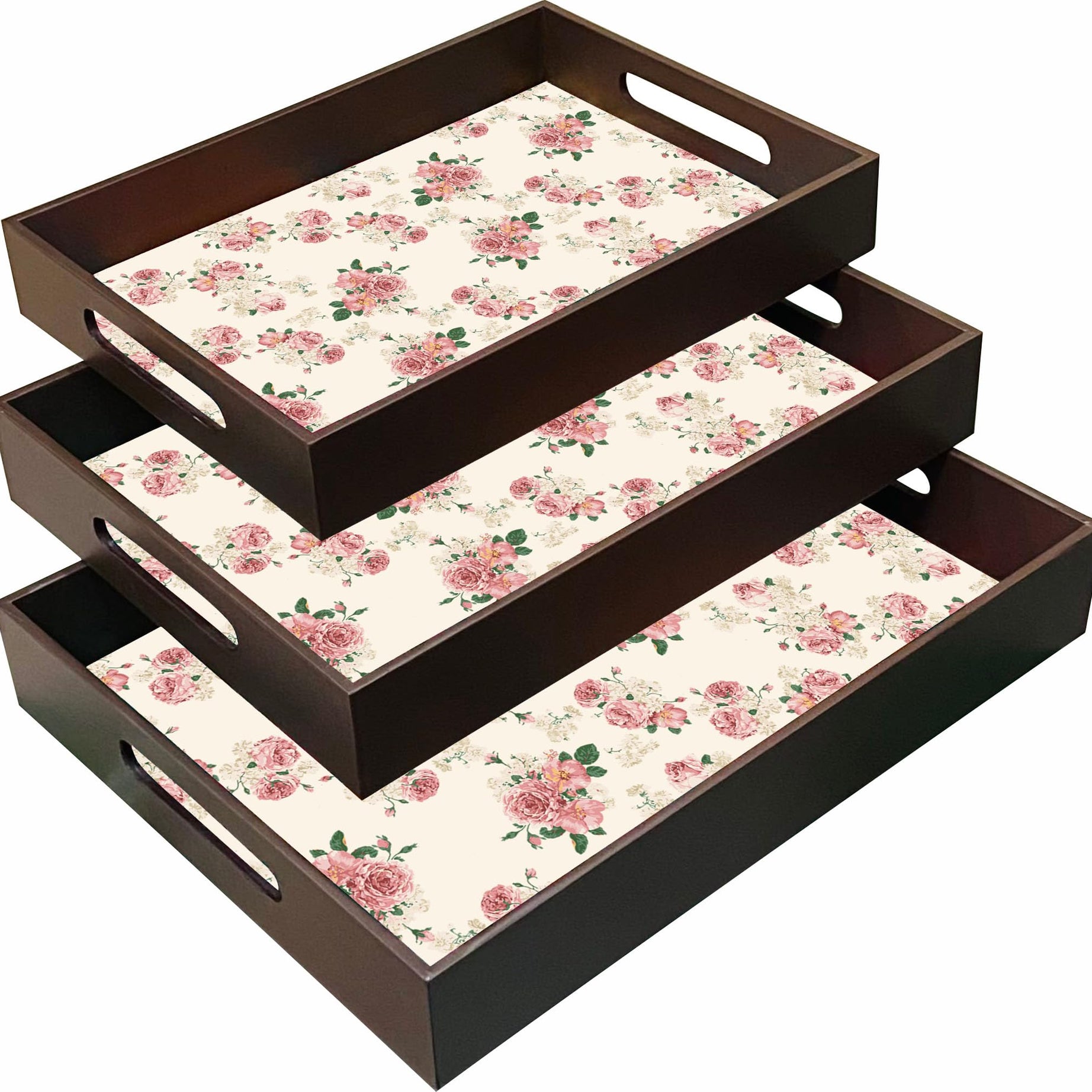 Embell Wooden Set of 3 Serving Trays with handle I Kitchen Bedroom Personal Tiered Tray Set I Decorative Rectangular Tea Breakfast Platter I Bathroom Décor I Brown-DP