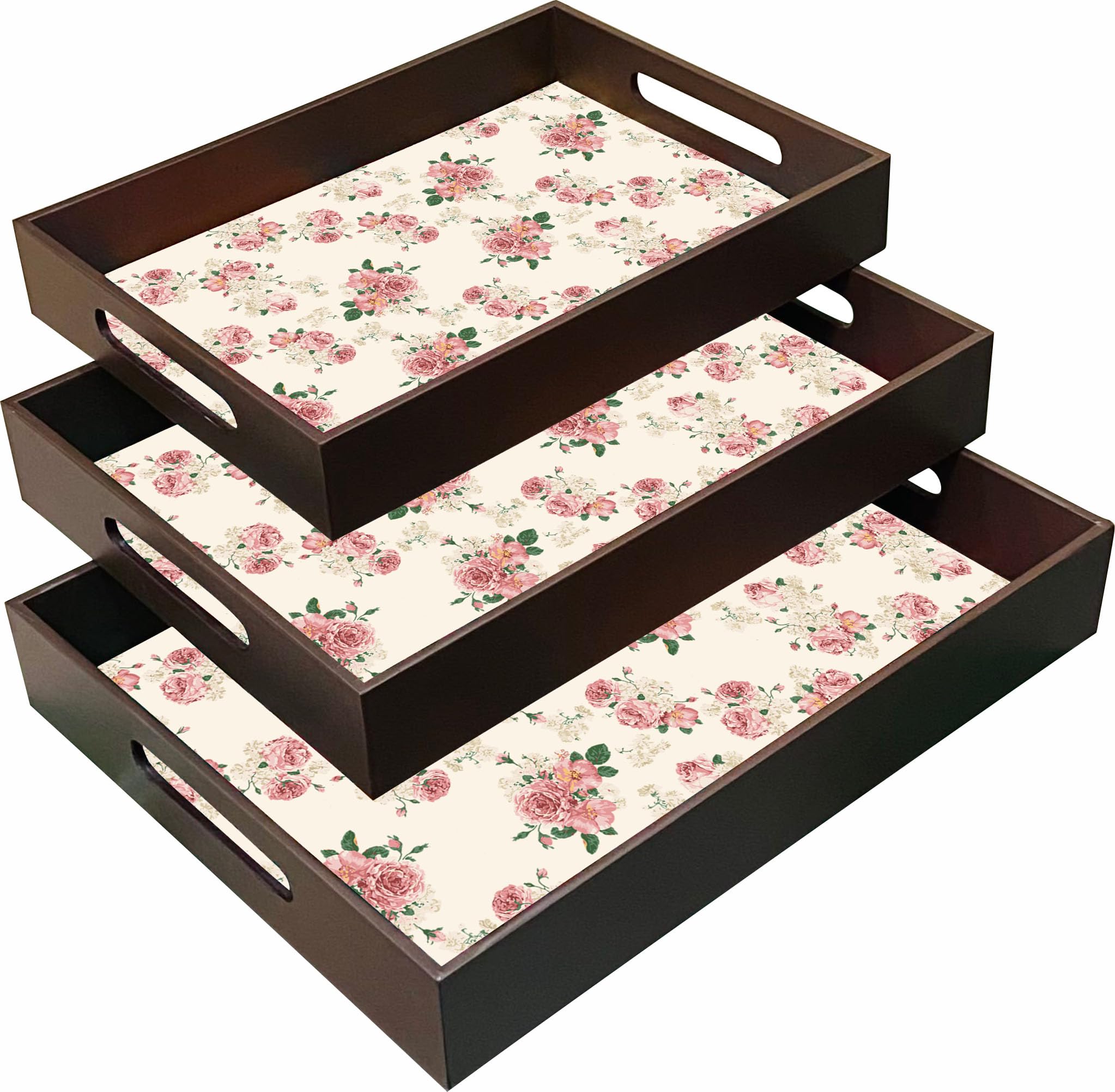 Embell Wooden Set of 3 Serving Trays with handle I Kitchen Bedroom Personal Tiered Tray Set I Decorative Rectangular Tea Breakfast Platter I Bathroom Décor I Brown-DP