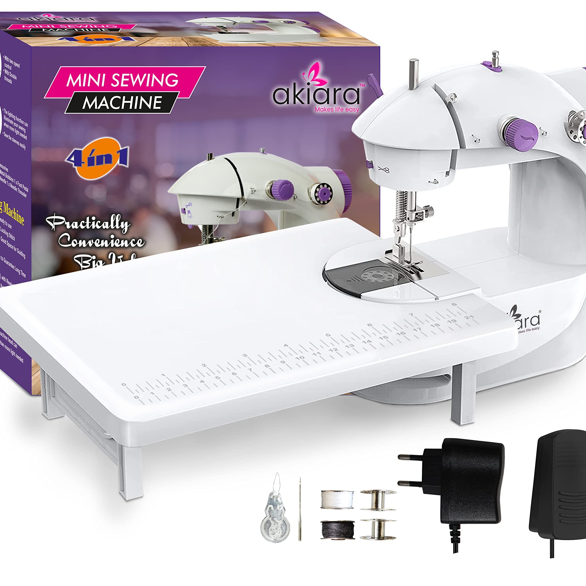 Akiara - Makes life easy Mini Sewing Machine with Table Set | Tailoring Machine | Hand Sewing Machine with extension table, foot pedal, adapter, White (Without KIT)