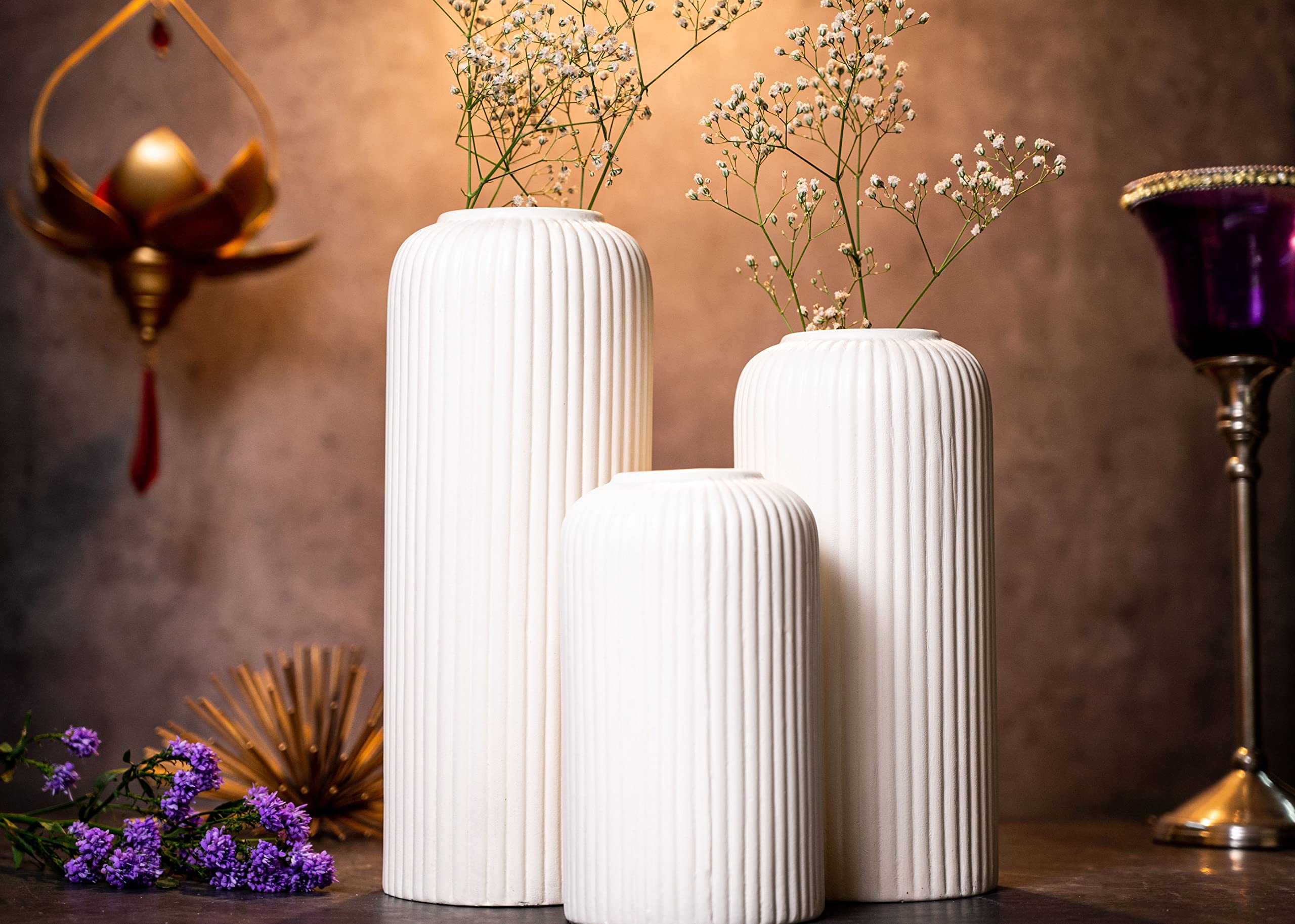 KREATIVE ART’S White Flower Vase for Home Decoration , Ceramic Vases for Home Decor, Home Decor Items for Living Room, (White Vases -set of 3 pcs)