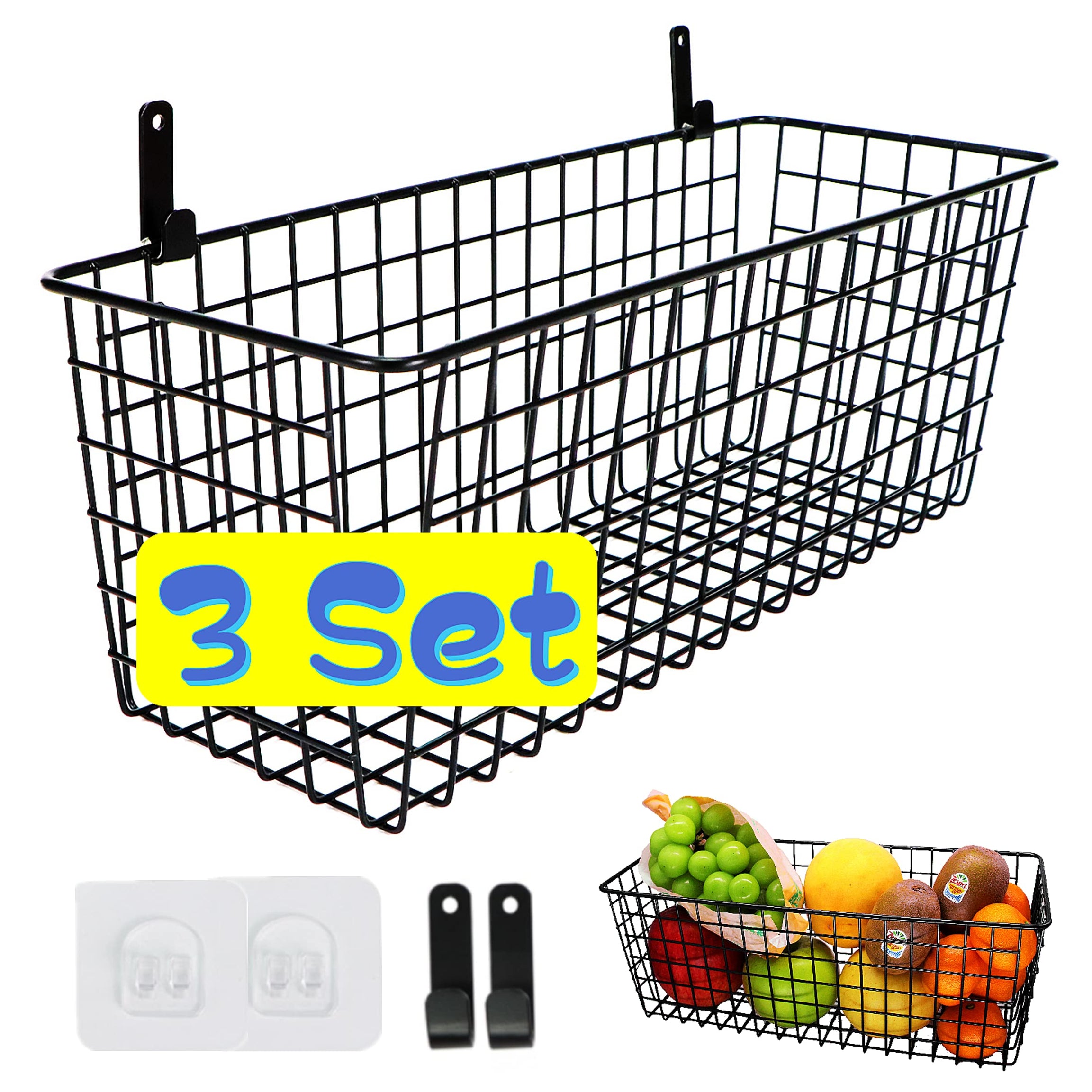 3 Set [Extra Large] Hanging Wall Baskets ,Wall Mount Fruit Basket,No Drilling, Metal Basket,Farmhouse Food Storage Mesh Bin Kitchen Pantry Laundry Closet Garage RV ,Black