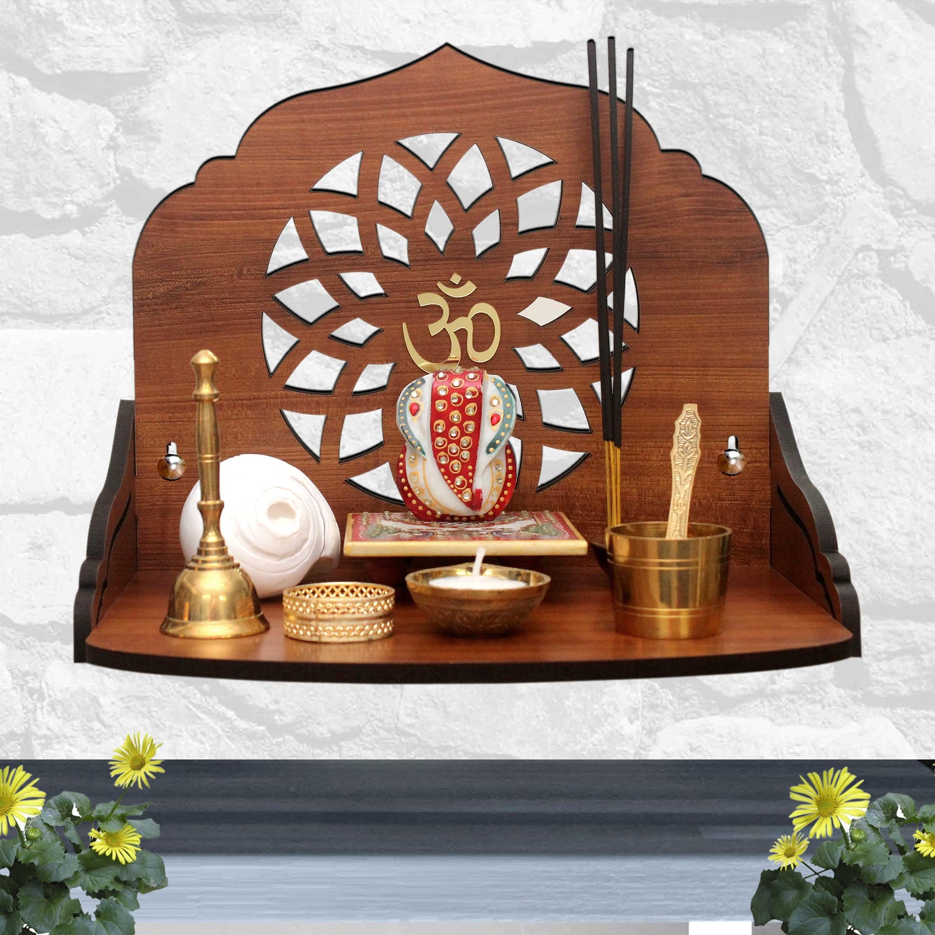 Cosmic String Enterprise LLP Mandala Design Wall Mounted Glossy Wooden Home Temple (Height- 9.92, Length- 12 , Width-8.85 Inch, Golden Teak)