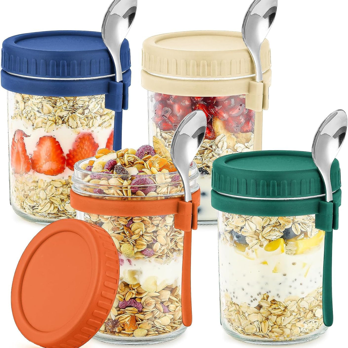 Toxen 350ml Spoon Glass Mason Jars Containers with Lids Oats Jars Leak Proof Oatmeal for Overnight Oats, Meal Prep, Yogurt, Chia Pudding, Salad, Fruit (2 PCs)