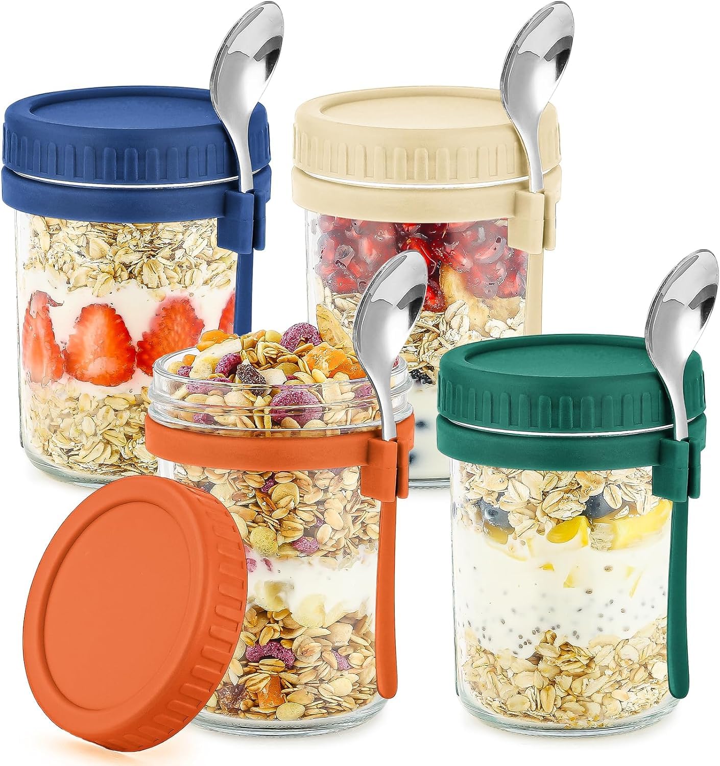 Toxen 350ml Spoon Glass Mason Jars Containers with Lids Oats Jars Leak Proof Oatmeal for Overnight Oats, Meal Prep, Yogurt, Chia Pudding, Salad, Fruit (2 PCs)