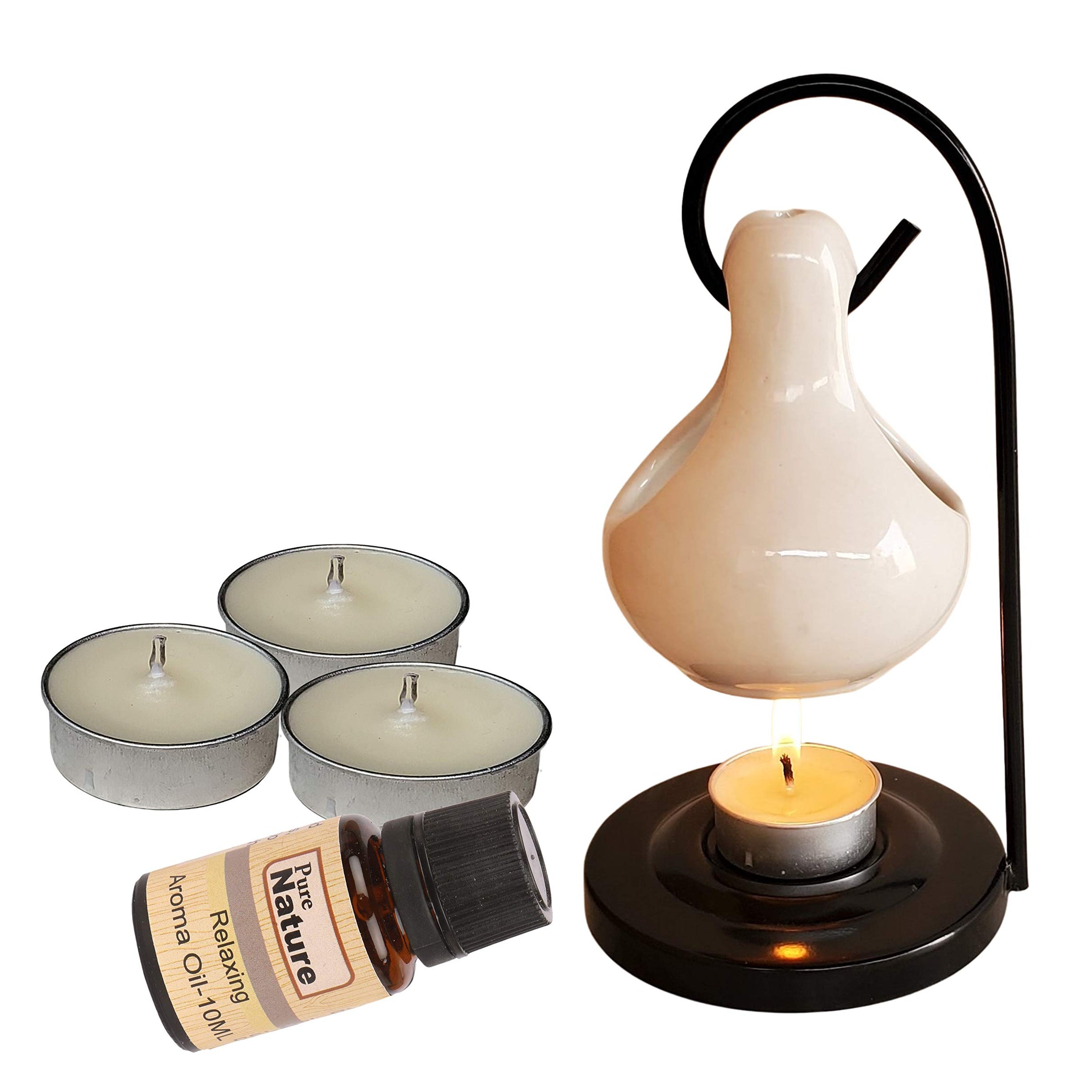 Pure Source India Aroma Set with 10 ML Aroma Oil and 4 Tea Light Candles, Relaxing Fragnance, White