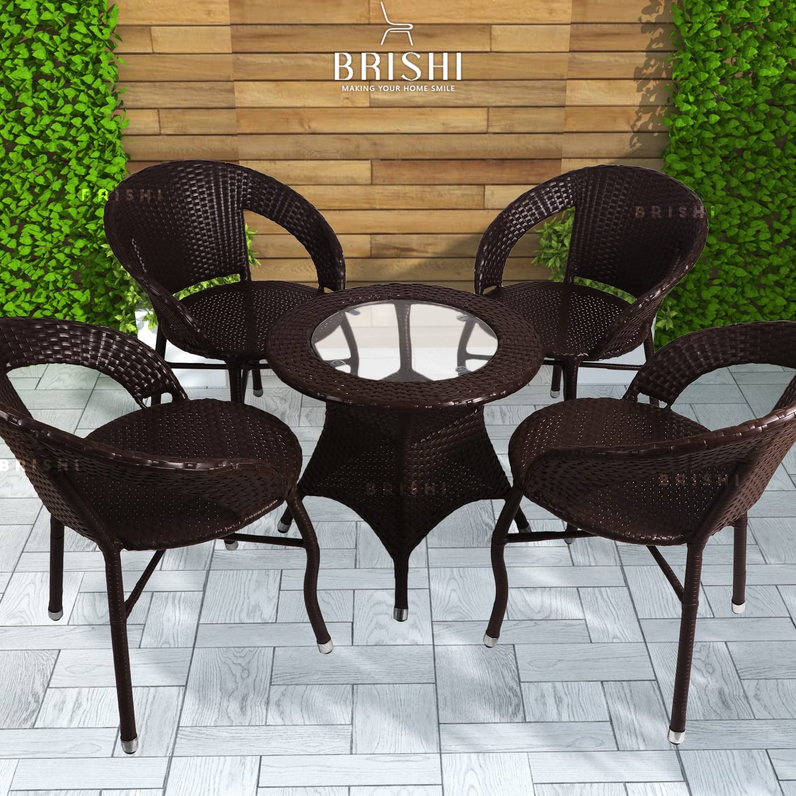 BRISHI Garden Patio Seating Chair and Table Set Outdoor Garden Balcony Coffee Table Set Furniture (4 Chair 1 Table, Dark Brown), Rattan & Wicker, 22 Inch, 24 Inch, Inch