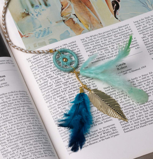 Rooh Dream Catcher ~ Vintage Blue Bookmark ~ Handmade Hangings for Positivity (Can be Used as Home Decor, Gift, Wall Hangings, Meditation Room, Yoga Temple, Wind Chime & Car Feather Hanging)