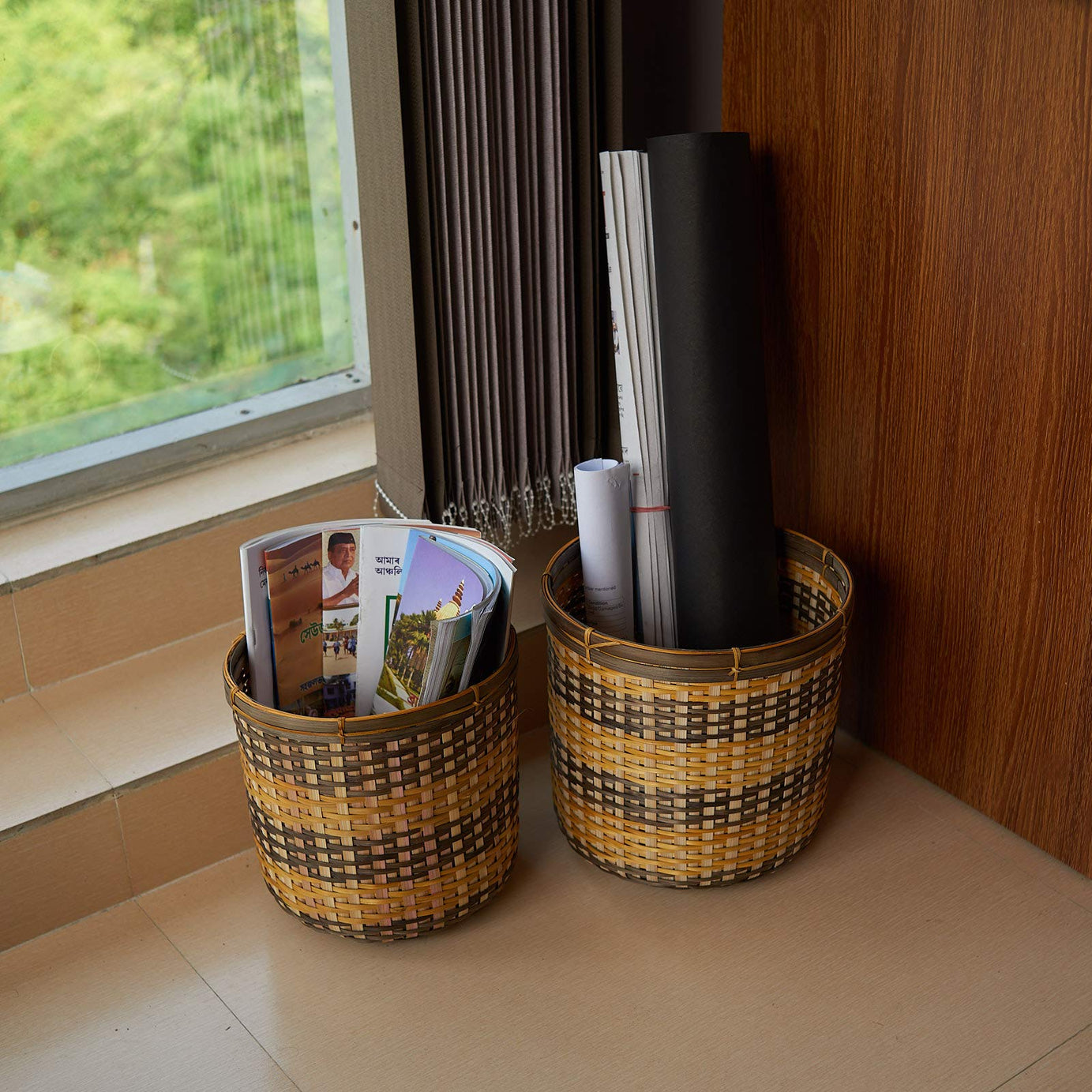 kraftinn Bamboo Paper Bin -Set of 2- Yellow and Oak Brown