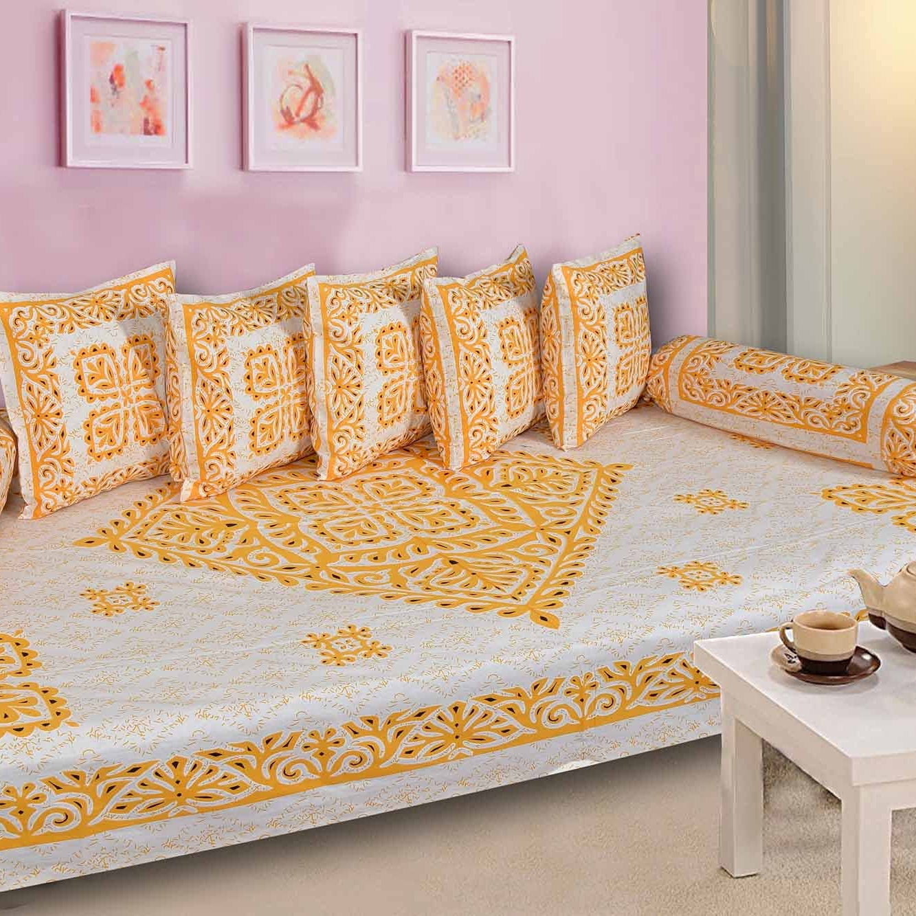 SkyKross - Everyday A New Thing Block Print Pure & Soft Cotton Diwan Cover Set |8 Pcs Set - 5 Cushion Cover,2 Bolster Cover,1 Bedsheet (Yellow)