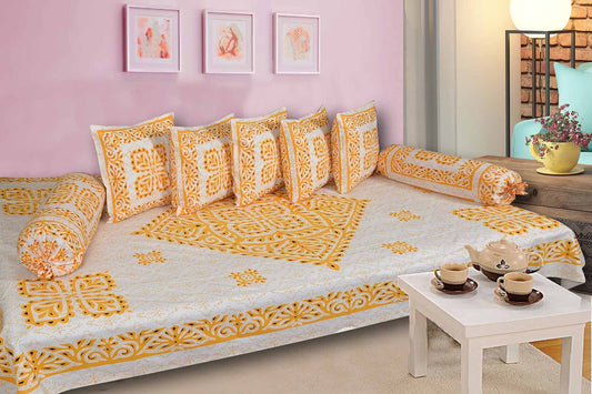 SkyKross - Everyday A New Thing Block Print Pure & Soft Cotton Diwan Cover Set |8 Pcs Set - 5 Cushion Cover,2 Bolster Cover,1 Bedsheet (Yellow)