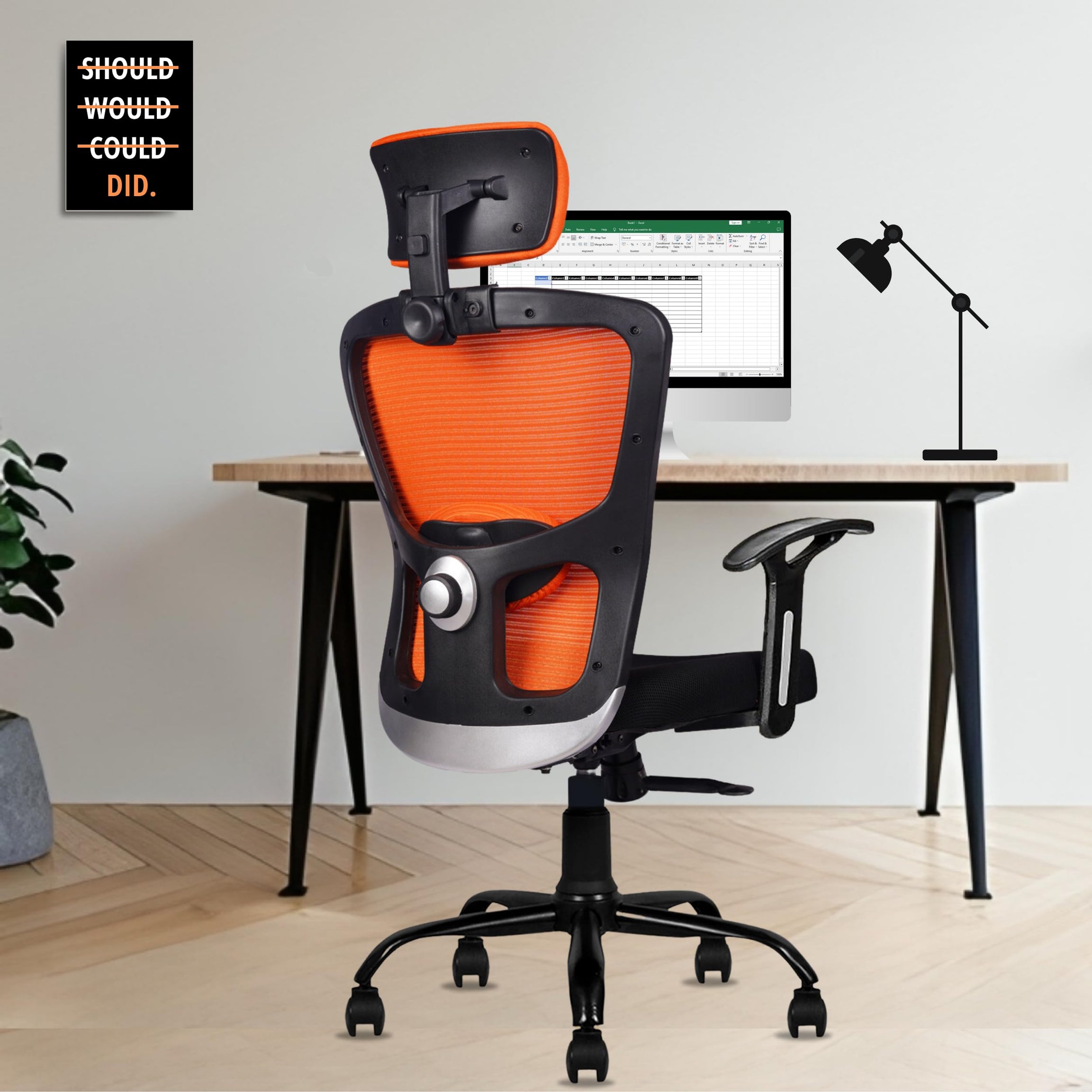 beAAtho� Amaze Ergonomically Adjustable Executive Mesh Home & Revolving Office Chair. (Tilt Mechanism, Adjustable Head & Fixed Arm Rest, Metal Base) (Orange, Amaze Eco, High Back)