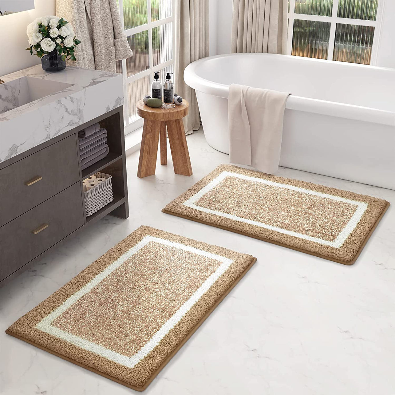 Roseate Modern Super Soft (40x60 cm) Microfibre Solid Bath Mat 2000 GSM Super Absorbent Anti Skid Mats for Bathroom Mat/Bedroom/Kitchen/Door Mat/Floor Mat (Beige) Pack of 2