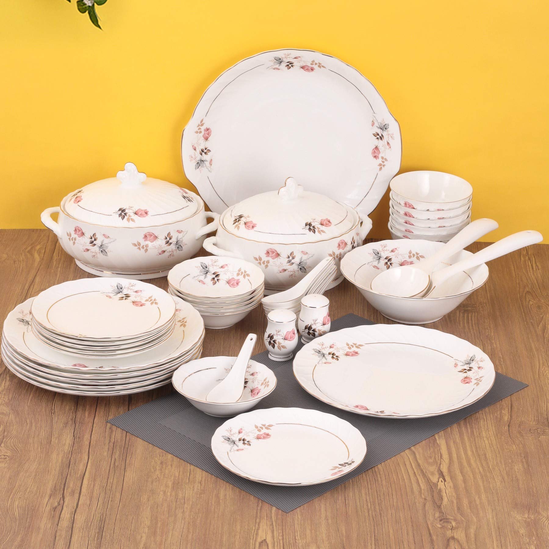 Clay Craft Fine Ceramic Floral Gold Line Design Dinner Set 40 Pieces, (MW-182), For Family of 6, Dinner Set Ceramic, Crockery Set, Dining Set for Dinner, Plates and Bowls Set, Crockery Set for Gift