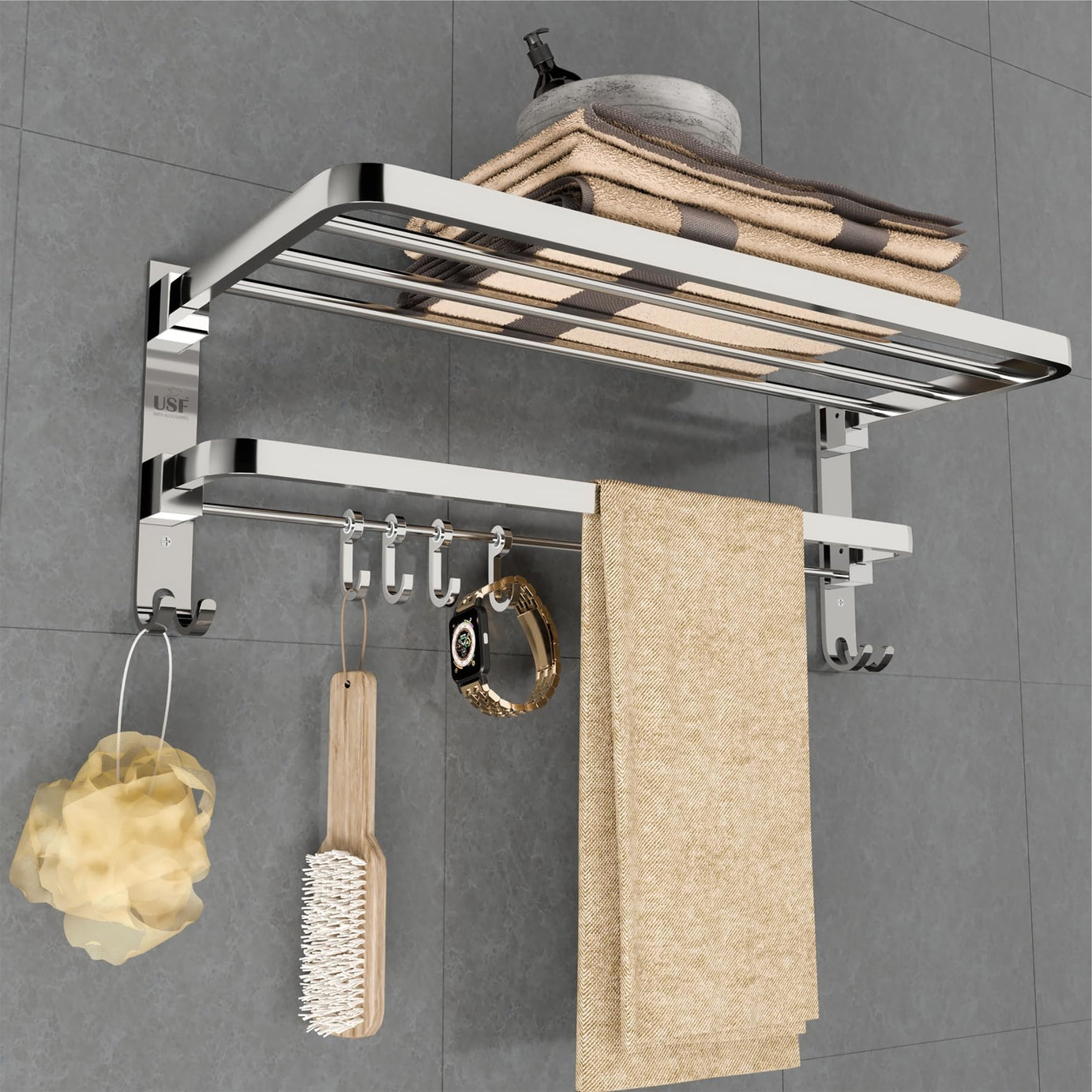 USF 24 Inches 304 Stainless Steel Bathroom Towel Holder | Folding Towel Rack for Bathroom | Towel Holder for Bathroom | Towel Stand for Bathroom with Shelf (60Cms | Chrome)