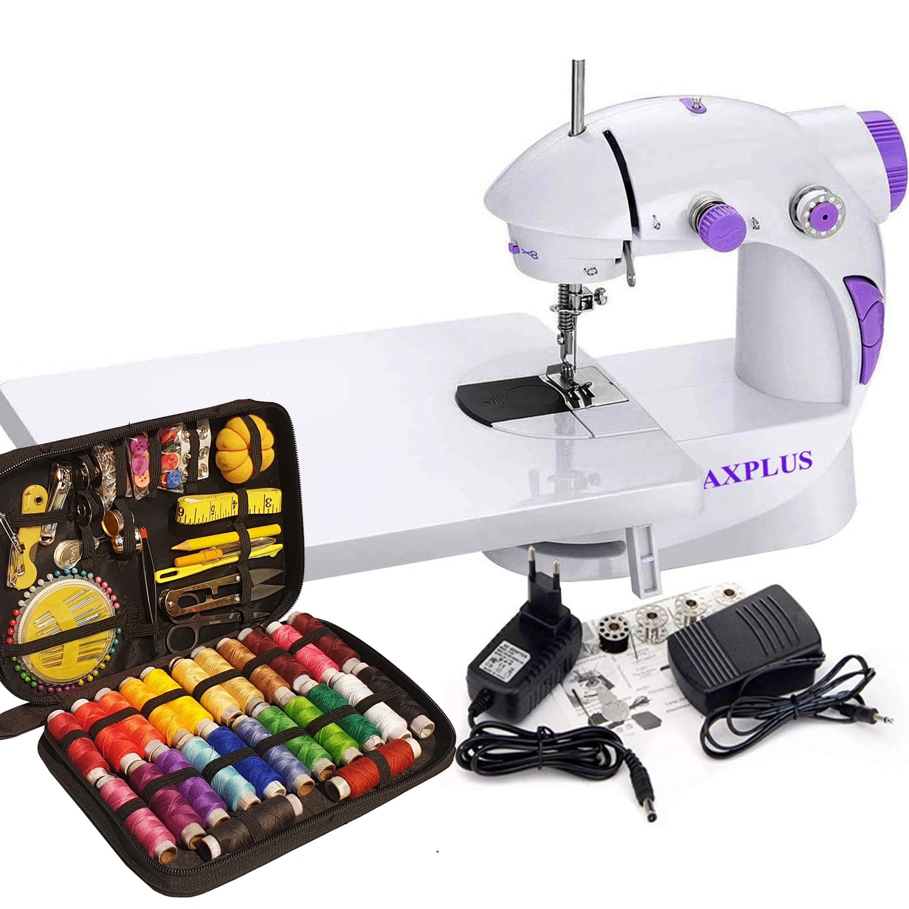 CHILLAXPLUS sewing machine with 24 Thread Kit for home tailoring, silai machine, mini sewing machine for home, stitching machine for home, portable sewing machine with Table(White & Purple)