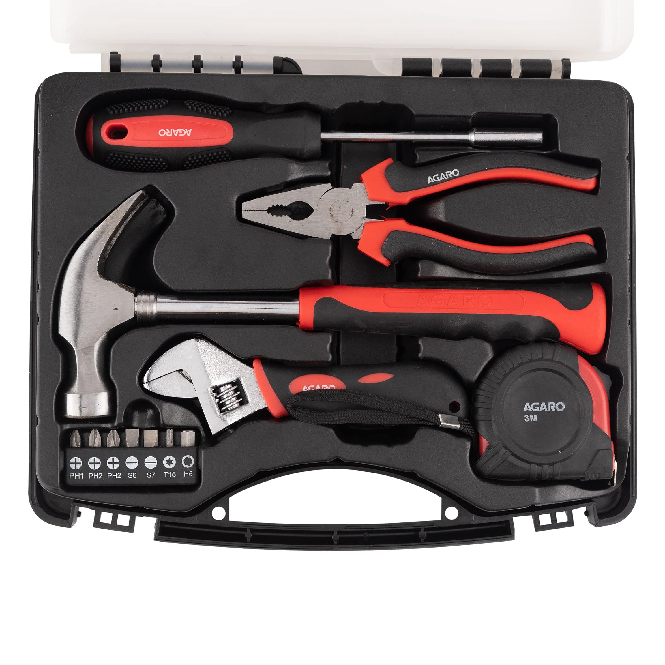 AGARO Hand Tool Kit (12 Pieces), With Measuring Tape, Screwdriver, Hammer, Wrench, Home Use, DIY, Red & Black .