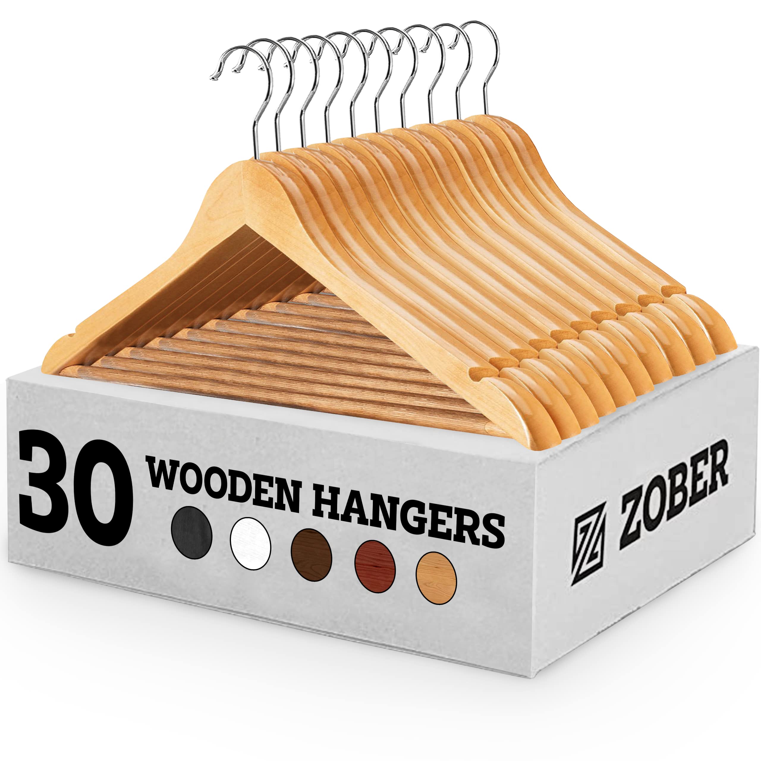 Zober Wooden Suit Hangers 30 Pack with Non Slip Pants Bar - Smooth Finish Solid Wood Coat Hanger with 360° Swivel Hook & Precisely Cut Notches for Camisole,Jacket,Pant,Dress Clothes Hangers - 1 Count