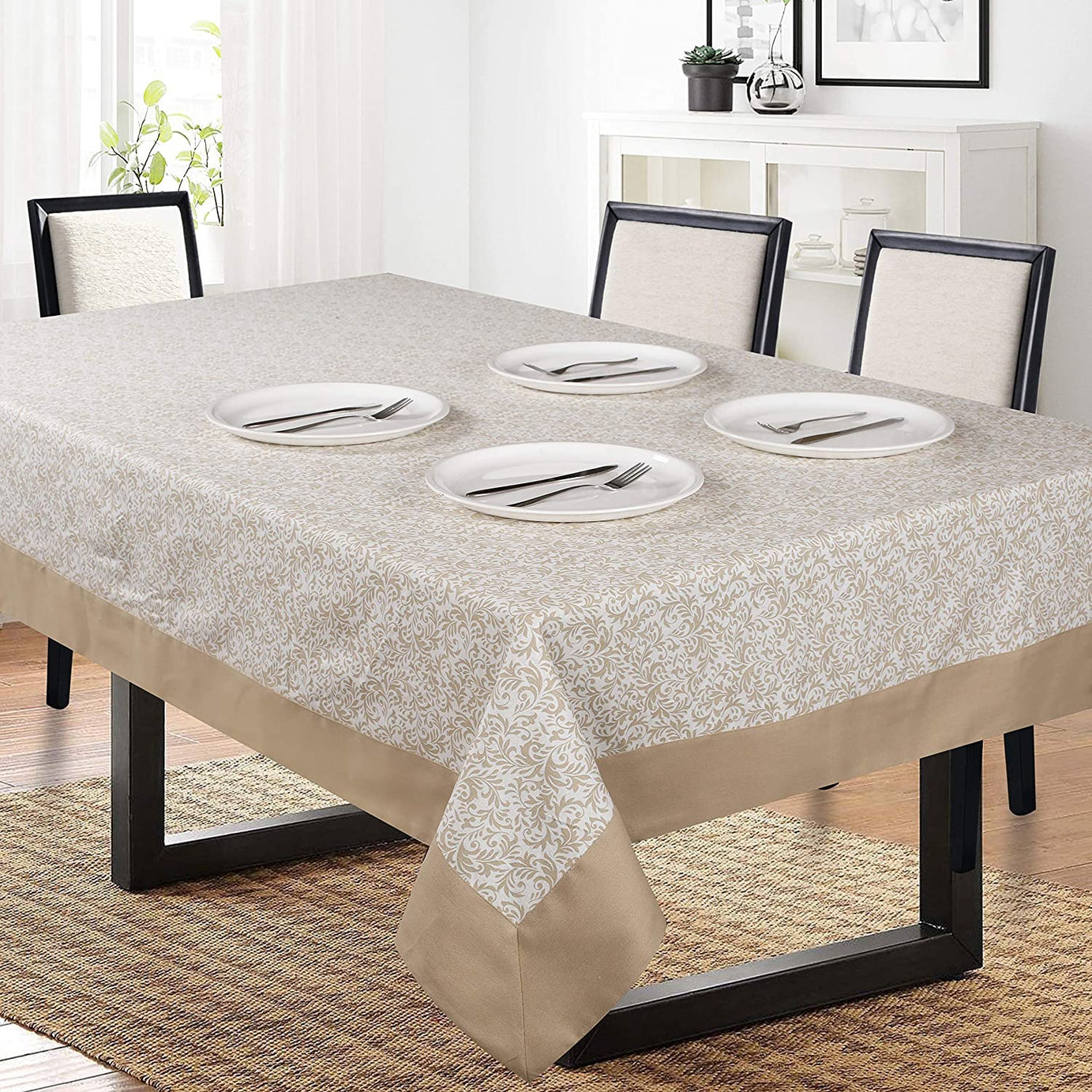 SHADES OF LIFE Paisley Print Cotton Dining Table Cover 8 Seater with Beige Plain Border Anti Skid Linen Center Table Cloth (60''x 108'',Rectangular) Stain Resistant, Home & Office Decor