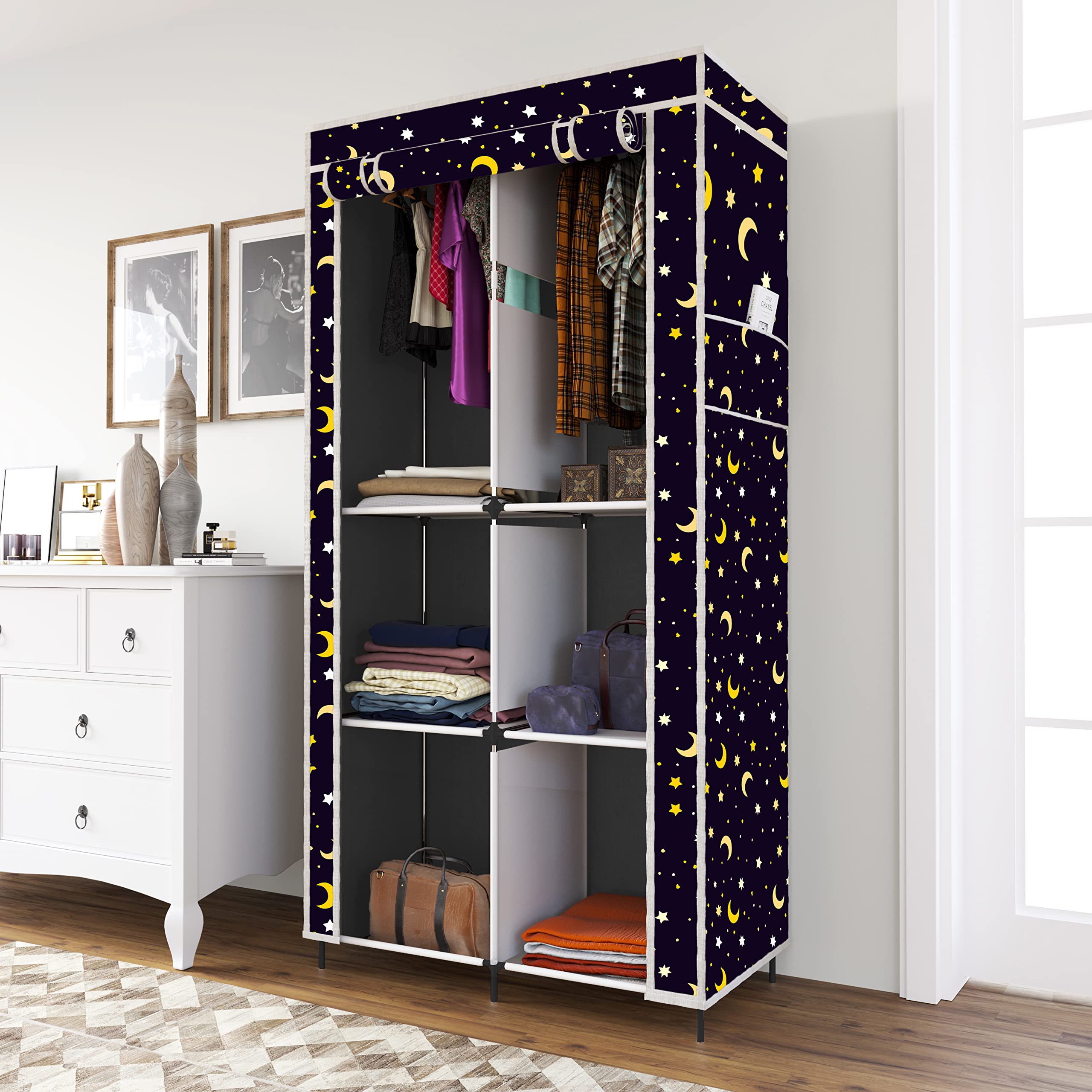 Whitecloud TRANSFORMING HOMES® Printed Collapsible Wardrobe Almira with 6 Shelves, 2 Hanging Space, 1 Side Pocket Non-Woven Fabric 100 GSM (2003-5) (Moon Star Grey)