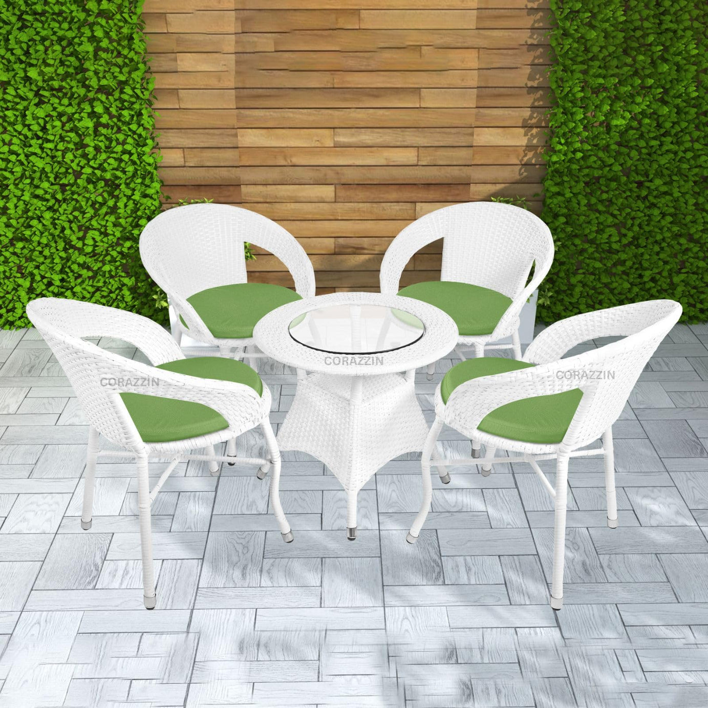 CORAZZIN Rattan Wicker Garden Patio Seating Chair and Table Set for Outdoor Balcony Garden Coffee Table Set Furniture with 1 Table and 4 Chairs with Green Cushion (White)