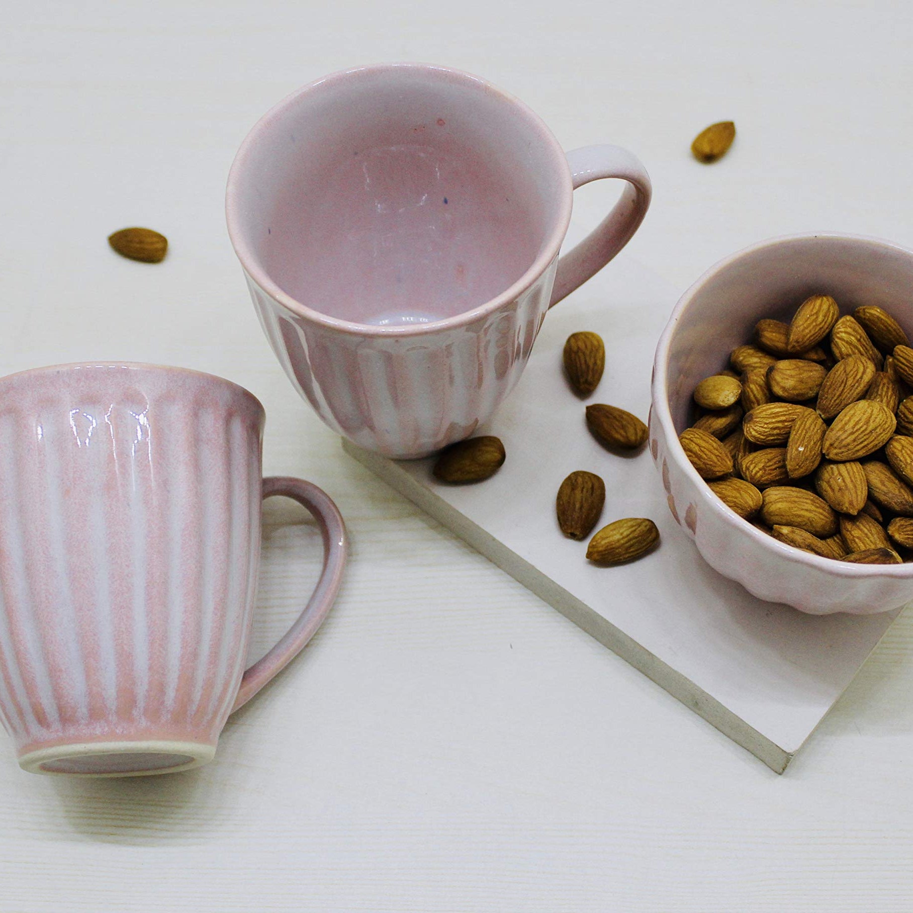 Bamby Handmade Ceramic 2 Cup or Mug with 1 Bowl, for Serving Tea or Coffee with Snacks