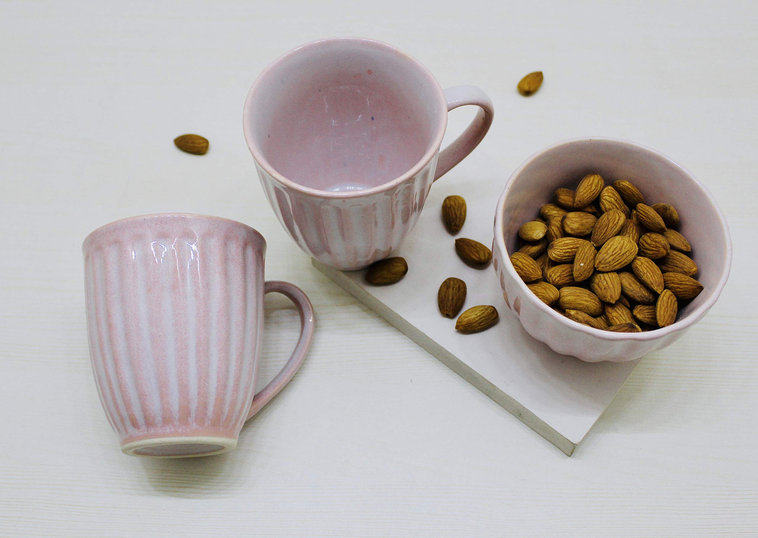 Bamby Handmade Ceramic 2 Cup or Mug with 1 Bowl, for Serving Tea or Coffee with Snacks