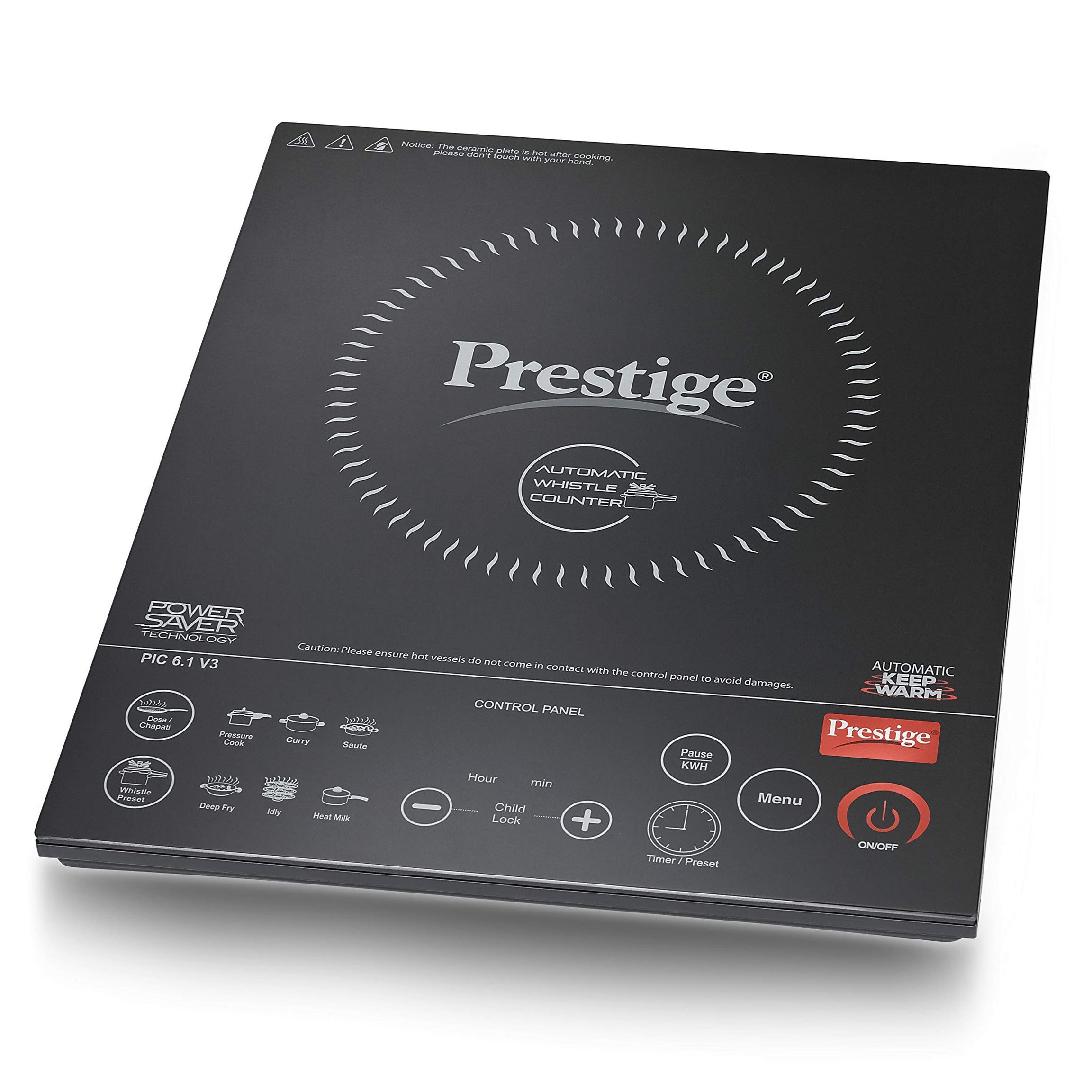 Prestige PIC 6.1 V3 PIC 2200 Watts Induction Cooktop | Black | Automatic Whistle Counter | Feather Touch Buttons | Keep Warm Function| Dual Heat Sensor