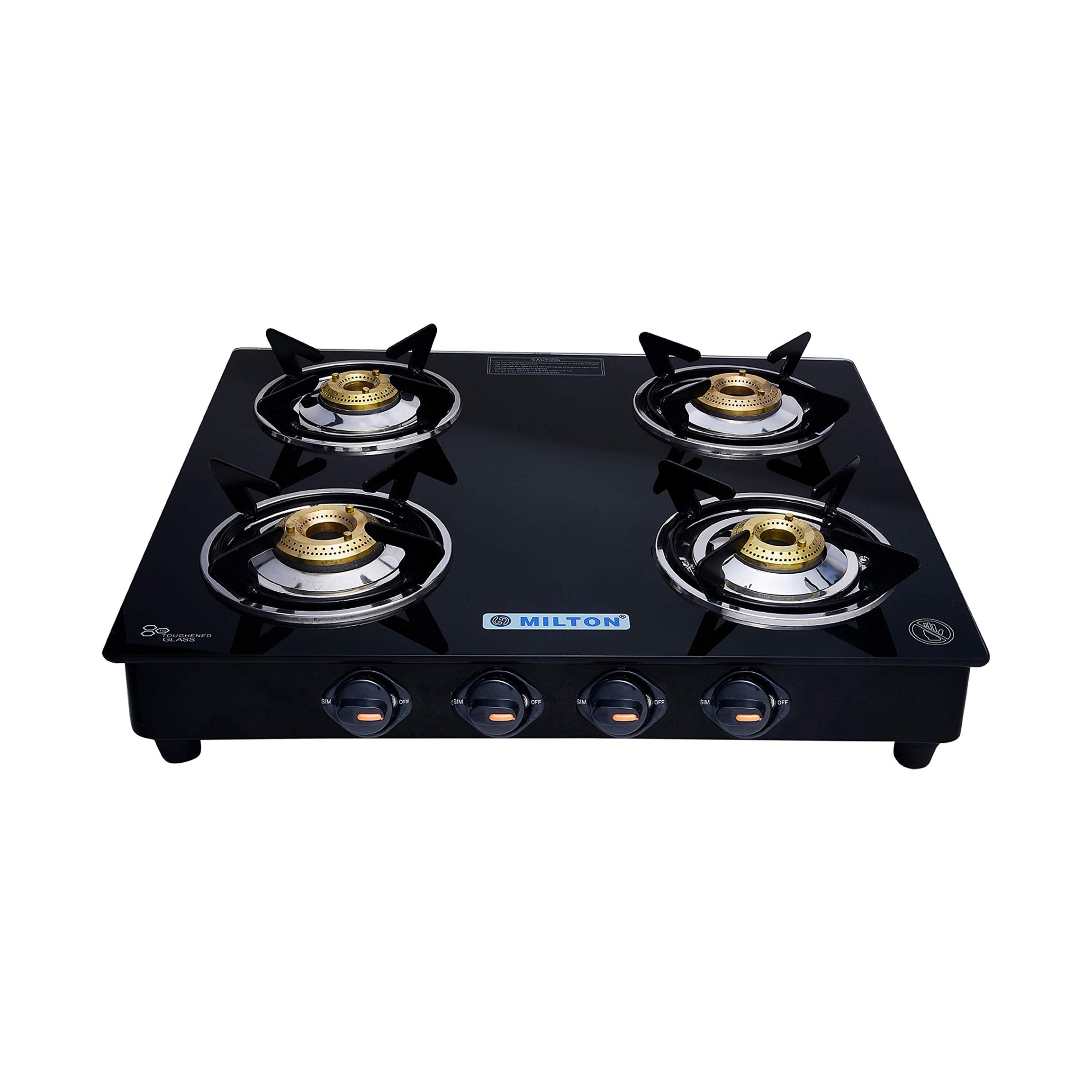 MILTON Premium 4 Burner Black Manual Ignition Glass Top Gas Stove, (ISI Certified)