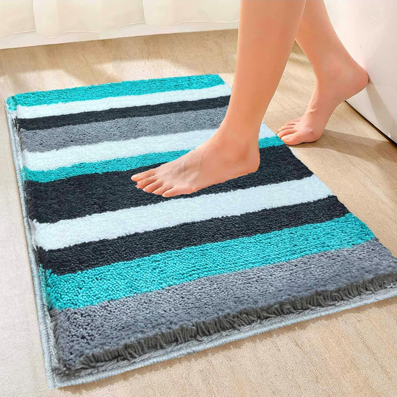 Roseate Luxury Super Soft (40x60 cm) Microfibre Striped 2000 GSM Bath Mat Super Absorbent Anti Skid Mats for Bathroom/Bedroom/Kitchen/Door Mat/Floor Mat (Peacock) Pack of 1