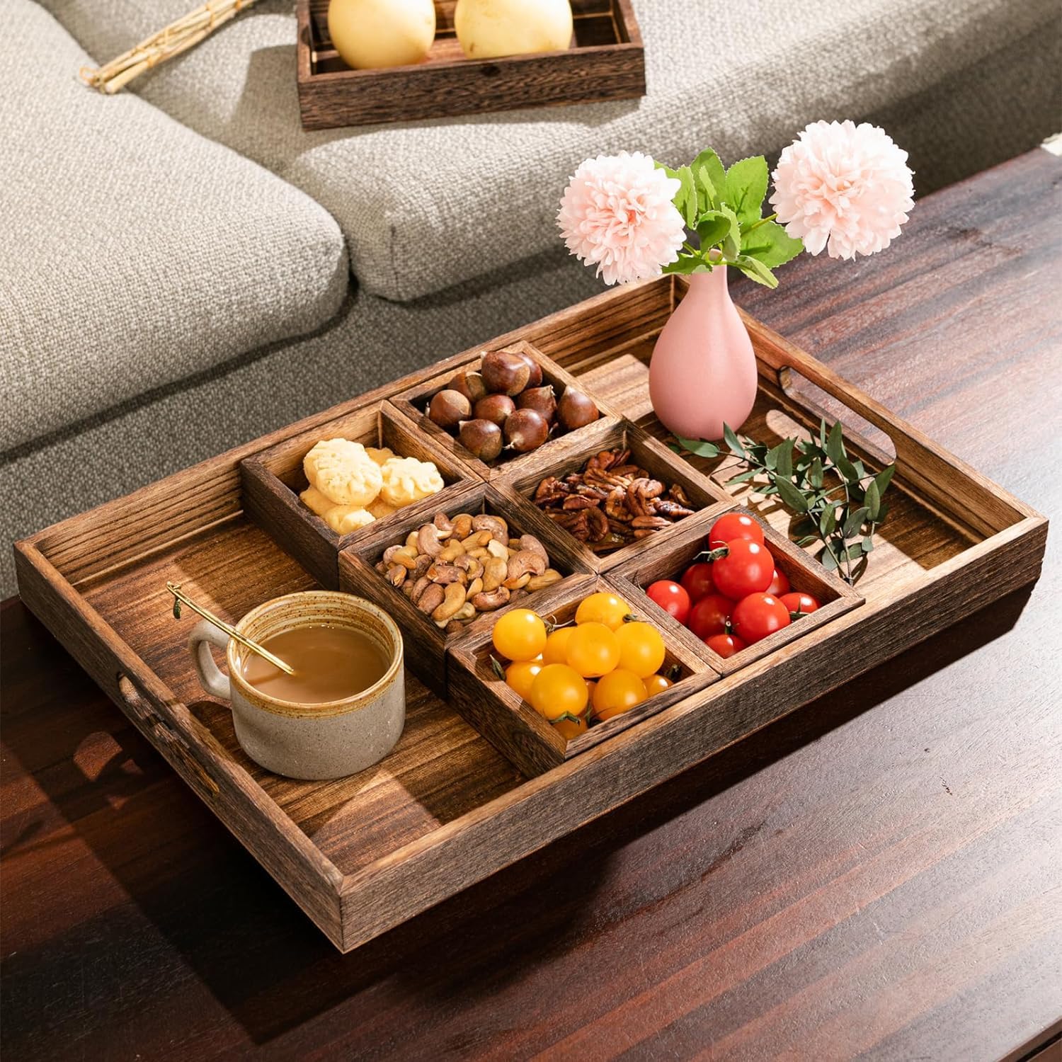 Hamdan Wooden Serving Tray with Handles, Rectangular Plates with 8 compartments,Ottoman Tray for Living Room,are Used for Coffee Table,Sofa