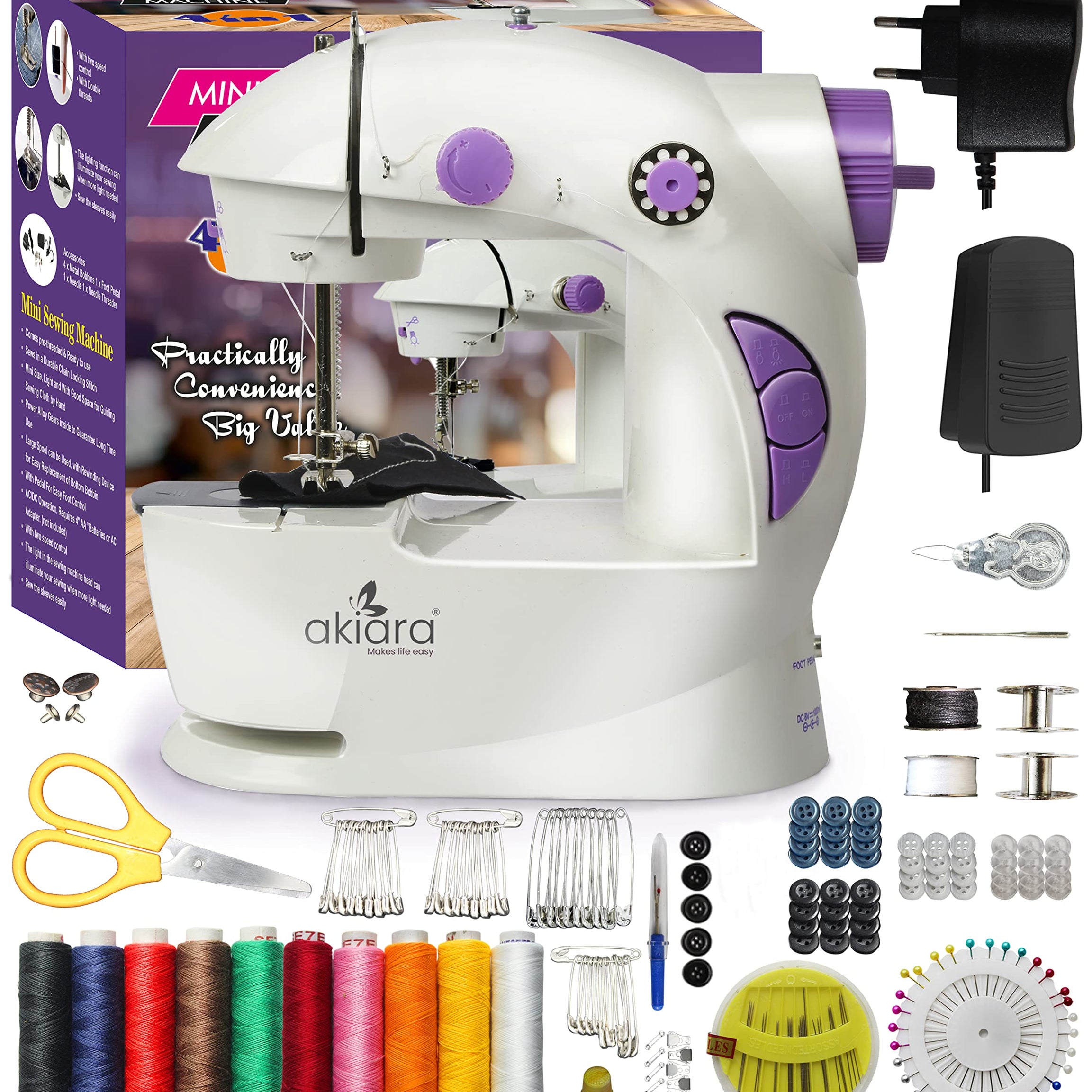 akiara - Makes life easy Mini Sewing Machine for Home Tailoring use | Mini Silai Machine with Sewing Kit Set Sewing Box with Thread Scissors, Needle All in One Sewing Accessories (White & Purple)