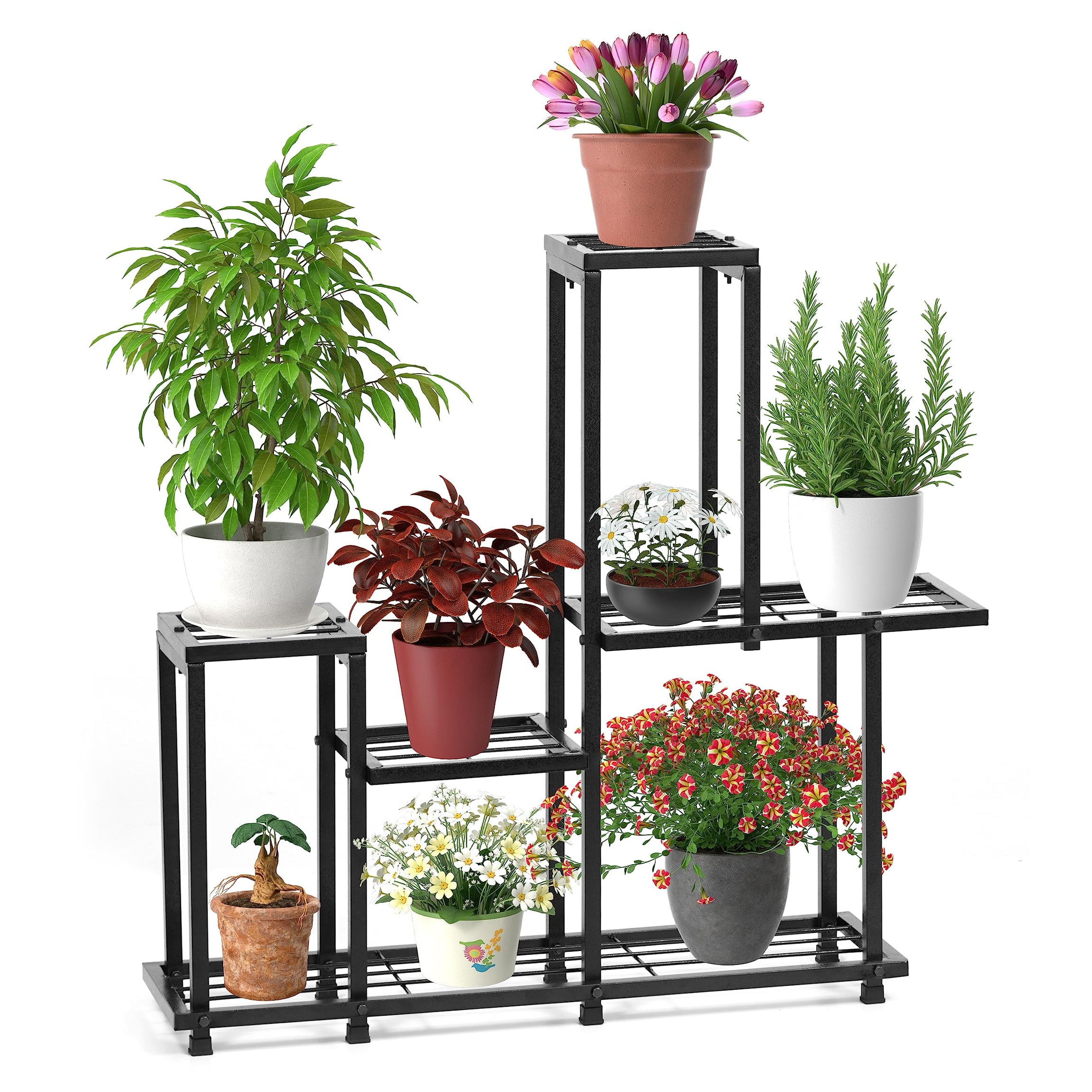 Livzing 5 Tier Metal Planter Stand-Multiple Pot Stand-Display Rack-Multipurpose Flower Pot Rack-Step Tiered Plant Stand-Modern Gamla Stand For Indoor Outdoor-Balcony-Garden-Living Room-Decor-Black