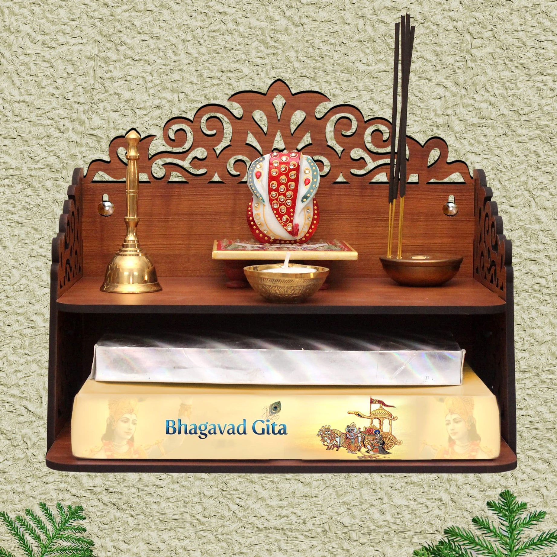 Heartily® Navrang Beautiful Wooden Pooja Stand for Home Mandir for Home Temple for Home and Office Puja Mandir for Home and Office Wall Product (Height- 9.5, Length- 12, Width-8.5 Inch)