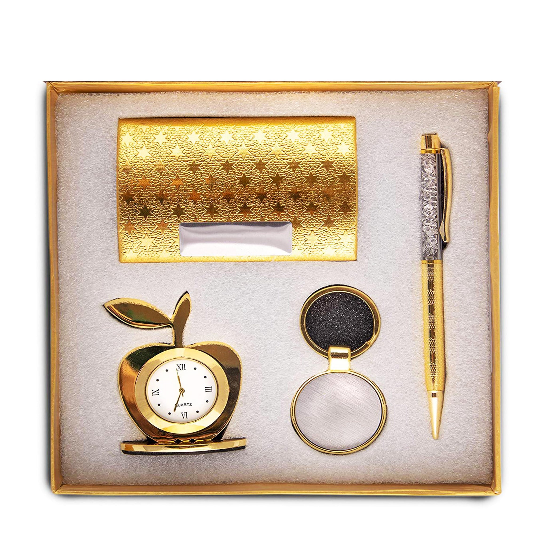 Lavanaya Silver 4 In 1 Gift Set With Table Clock, Metal Keychain, Card Holder And Crystal Pen Set For Corporate Gifting Diwali Gifting - Analog