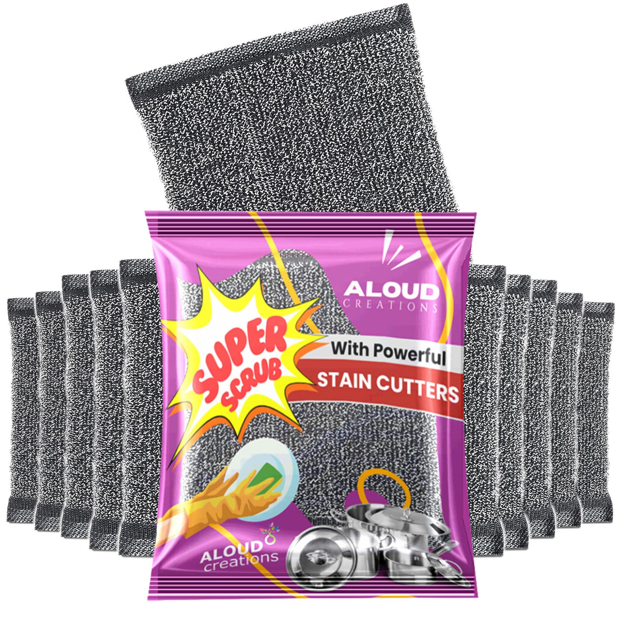 ALOUD CREATIONS Steel Scrubber | Steel Foam Pad Sponge | Black | Pack of 12