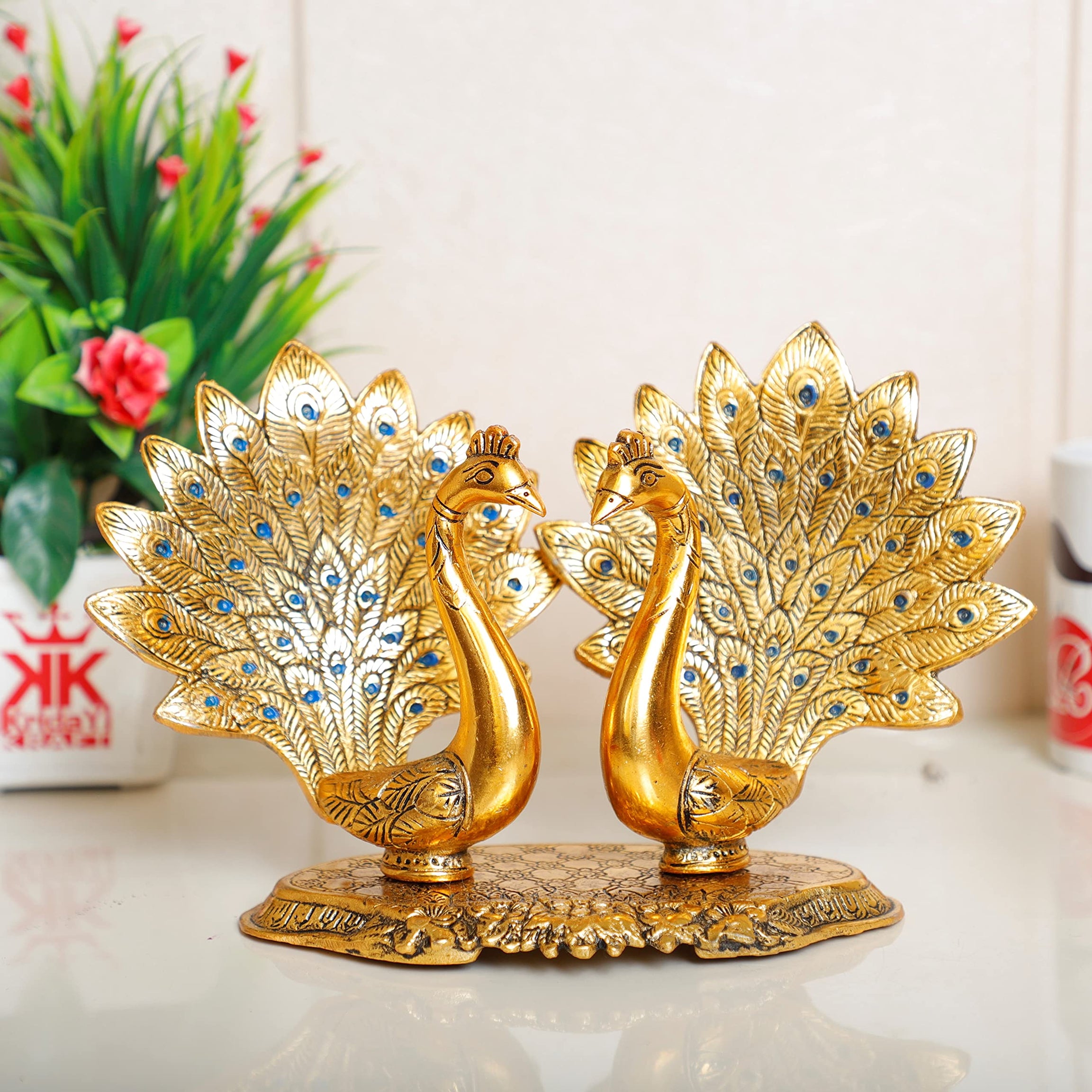 KridayKraft Metal Double Lovers Peacock Statue, Showpiece Figurine- Standard, Gold, 25 Cm, 16 Cm