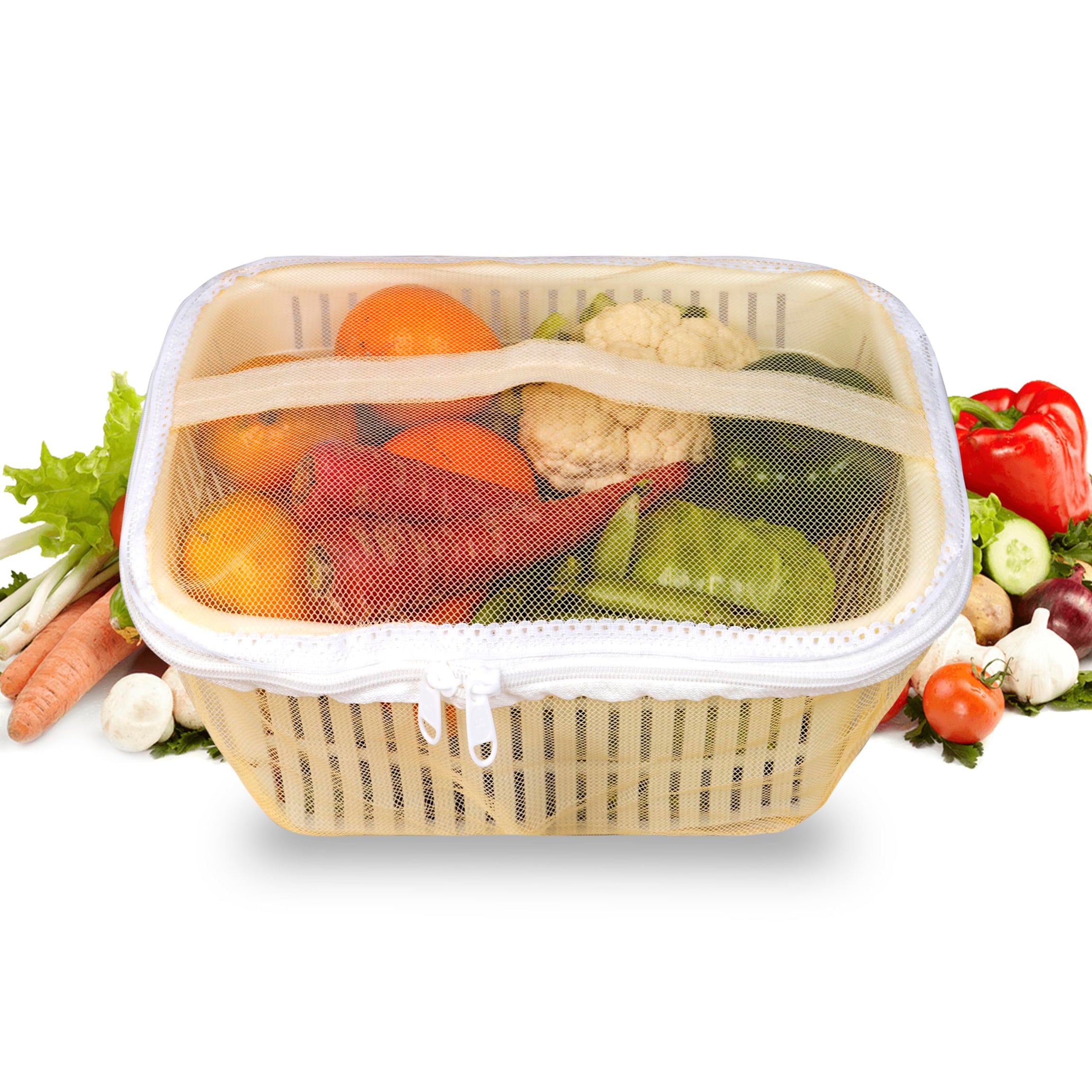 CRELZOS Vegetables Basket with Net Cover - Fruit Basket for Kitchen, Space-Saving Vegetable Storage Rack - Keep Your Kitchen Organized and Fresh with Practical and Elegant Solution (White)