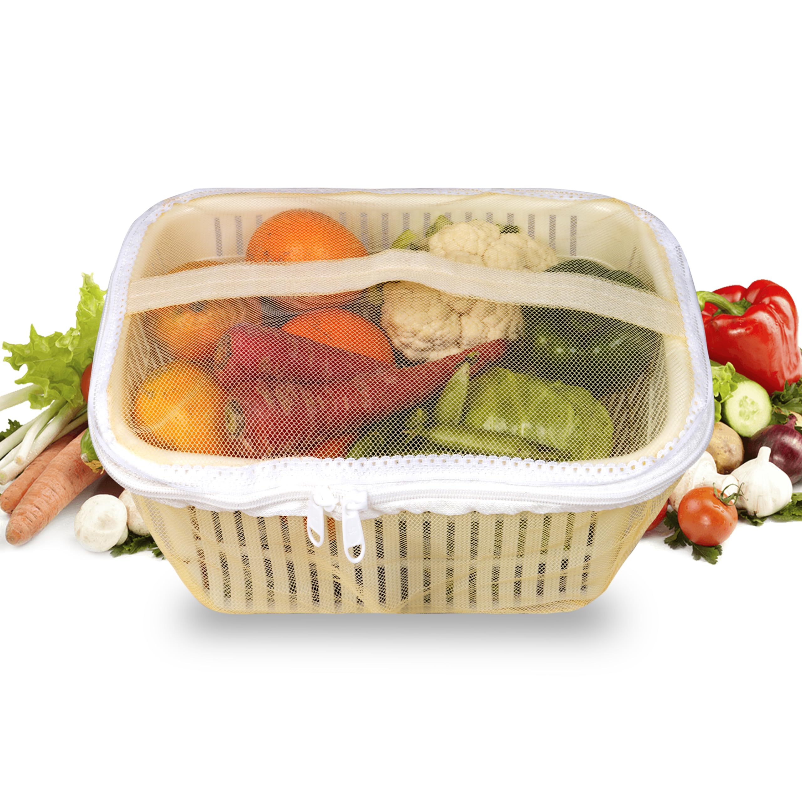 CRELZOS Vegetables Basket with Net Cover - Fruit Basket for Kitchen, Space-Saving Vegetable Storage Rack - Keep Your Kitchen Organized and Fresh with Practical and Elegant Solution (White)