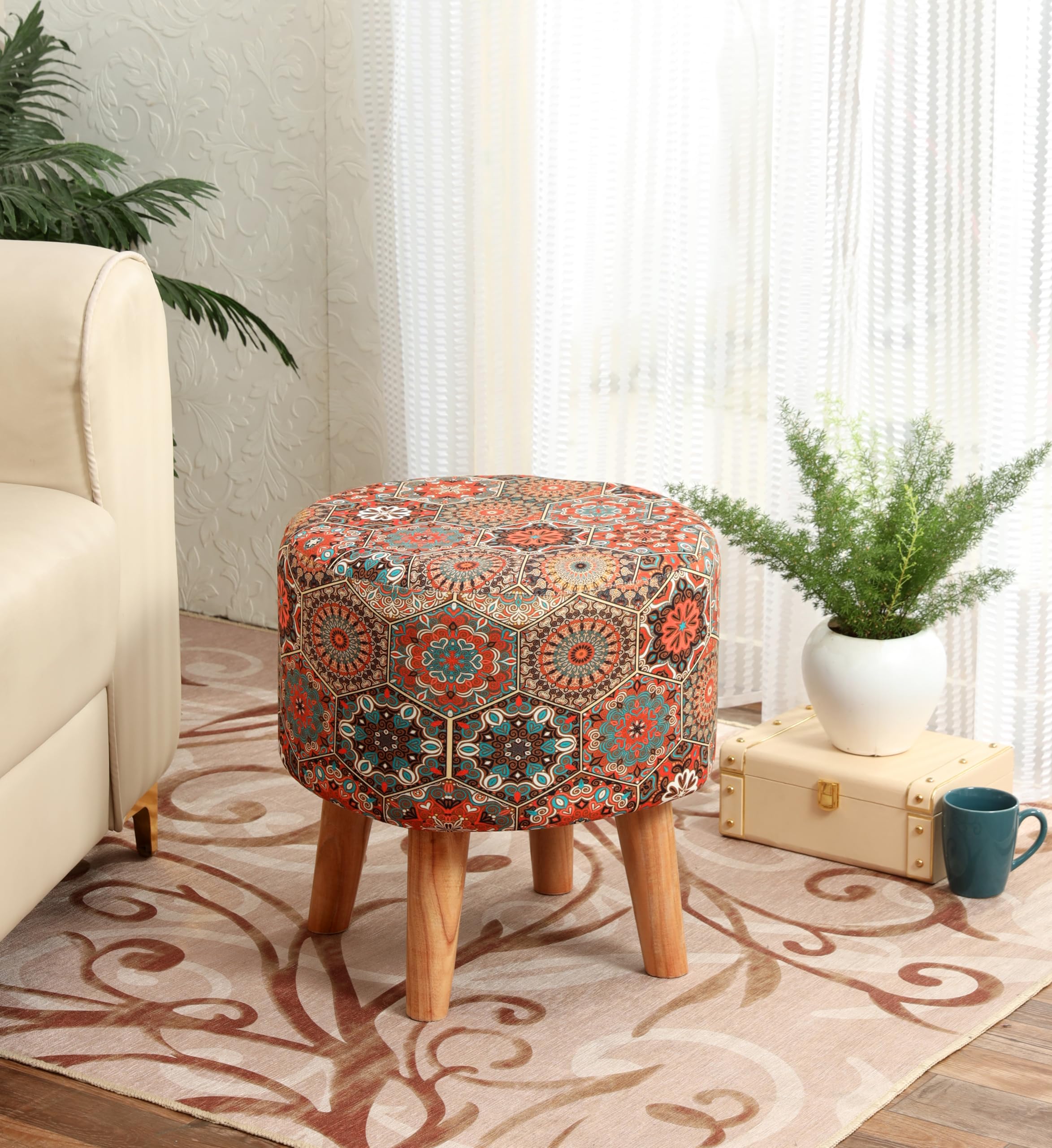 SR Printed Sitting Stool for Living Room Decoration Furniture Ottoman Wooden Pouffes for Sitting Puffy Footrest Ottoman Stool for Home Décor, Pouffie Dressing Table Stool, 16x16x17 Inches, Orange